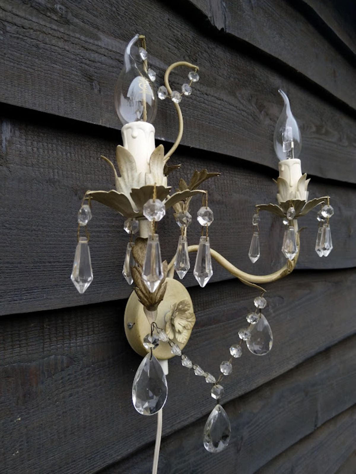 Pair Of Italian Tole White Sconces With Leaves And Crystals, Wall Lamps With Long Cord, Dimmer, Switch And Plug photo buy