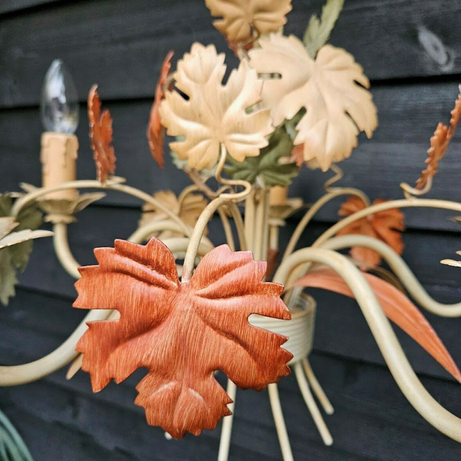 Tole Chandelier Grapevine Leaves In Beige, Orange , Green Tones, 5 Arms, Autumn Decor photo for sale