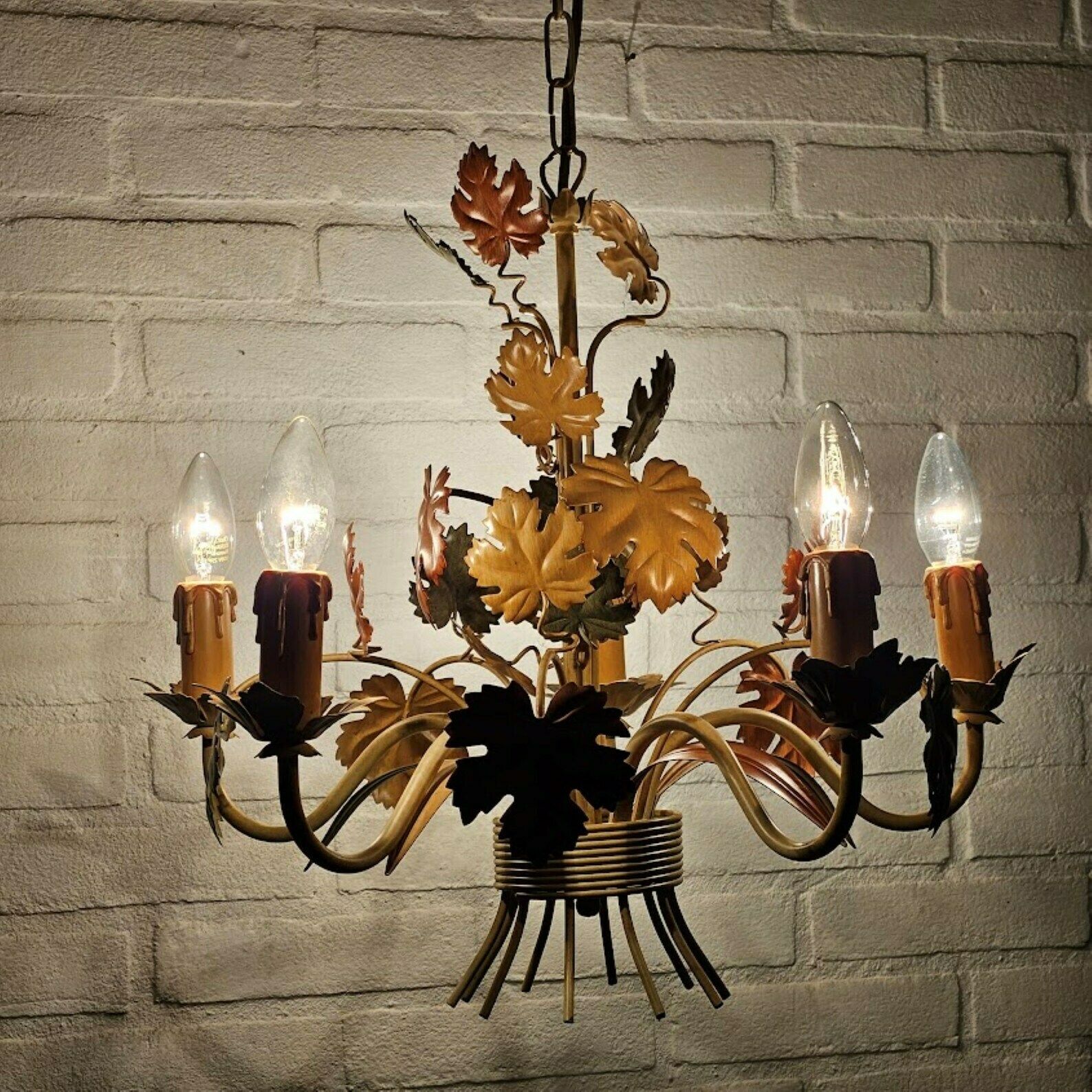 Tole Chandelier Grapevine Leaves In Beige, Orange , Green Tones, 5 Arms, Autumn Decor photo vinterior