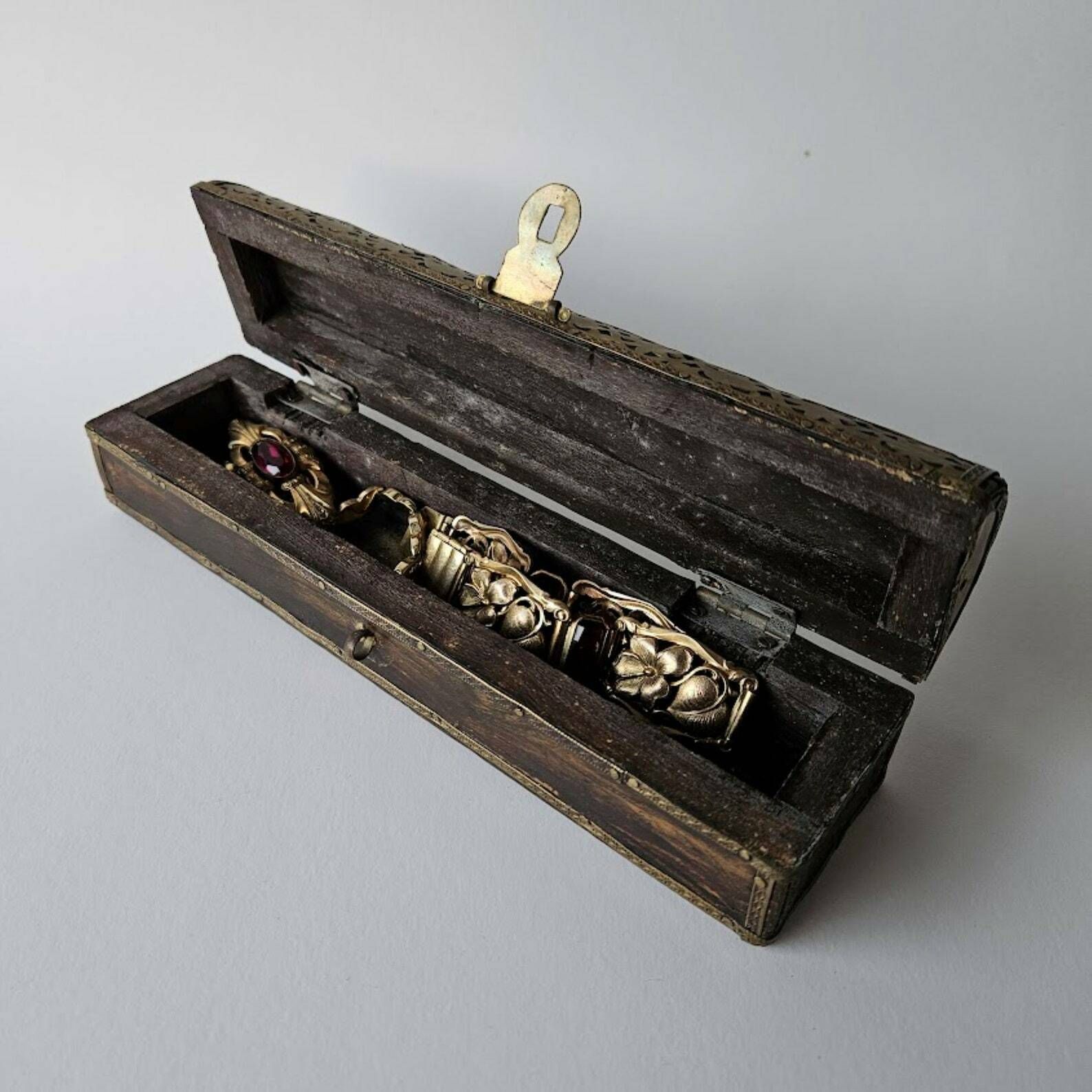 Long Jewelry Gift Box From Brass And Dark Wood, Hobby Box, Desk Box, Treasure Box, Christmas Gift photo for sale
