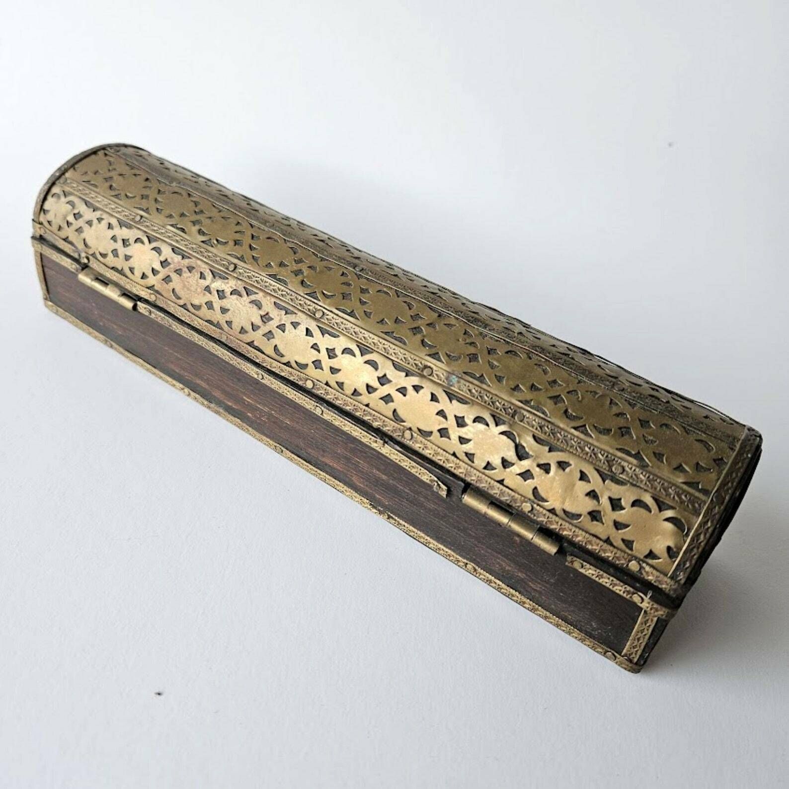 Long Jewelry Gift Box From Brass And Dark Wood, Hobby Box, Desk Box, Treasure Box, Christmas Gift photo buy