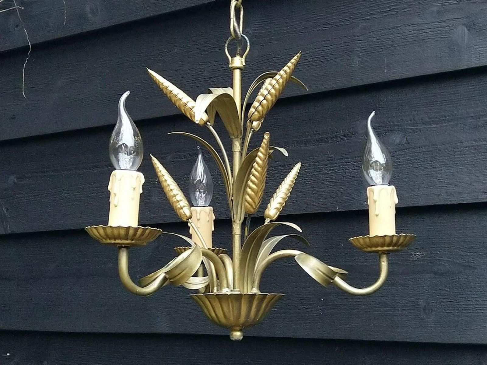 Gold Tole Chandelier With Ears Of Wheat 3 Light Bulbs, Hollywood Regency Tole Chandelier Hans Kögl Design, Mid Century Chandelier photo furniture