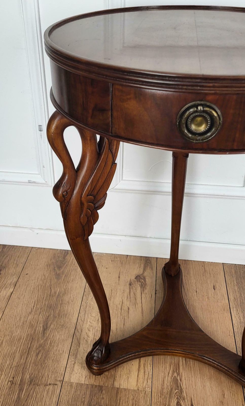 1960s Italian Regency Neoclassical Wooden Round Tripod Swan Gueridon Side Table photo furniture