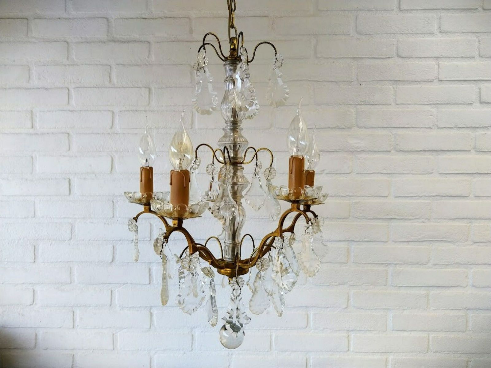 Antique French Girandole Chandelier Brass With Crystals 5 Arms photo furniture