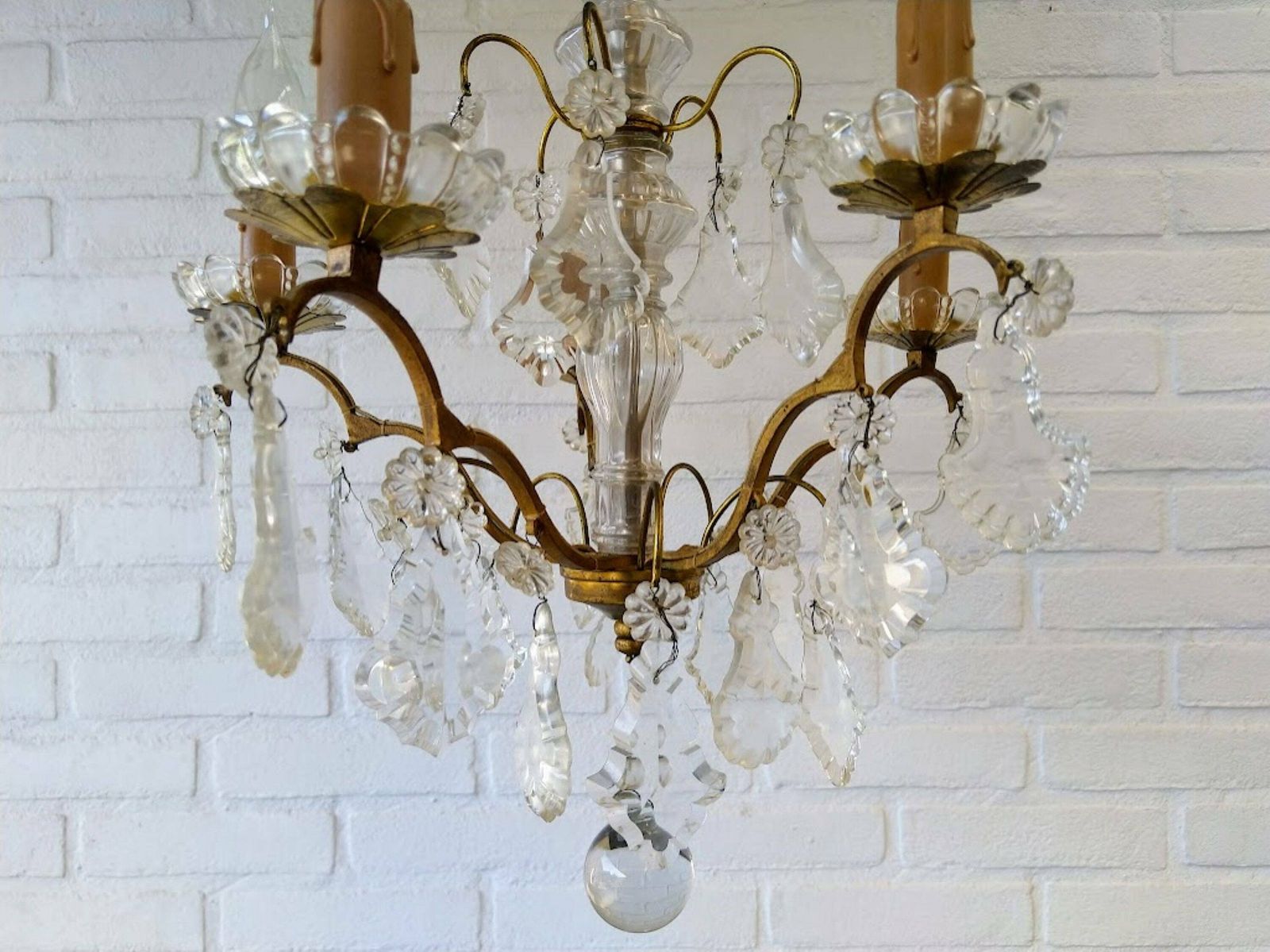 Antique French Girandole Chandelier Brass With Crystals 5 Arms photo 951.0
