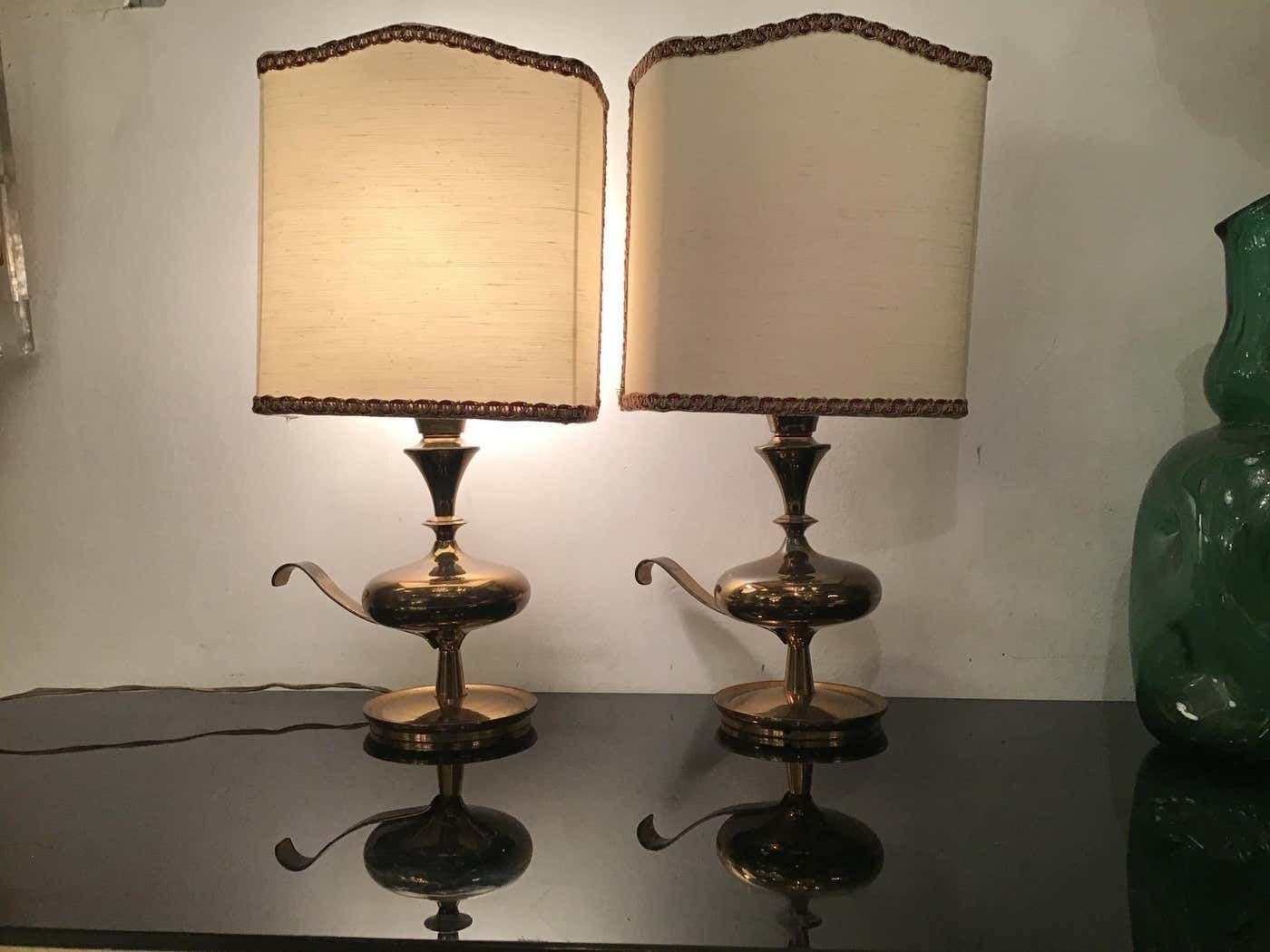 Angelo Leliipair Of Brass Table Lamps Fabric Lampshade 1950s Italy photo vinterior