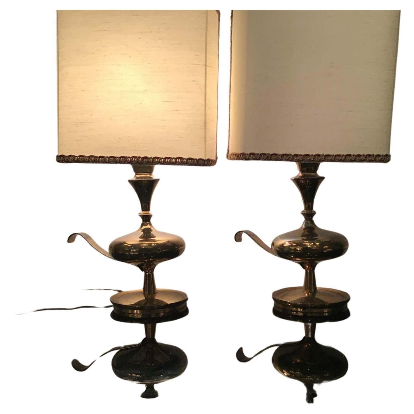1310.0 Angelo Leliipair Of Brass Table Lamps Fabric Lampshade 1950s Italy photo