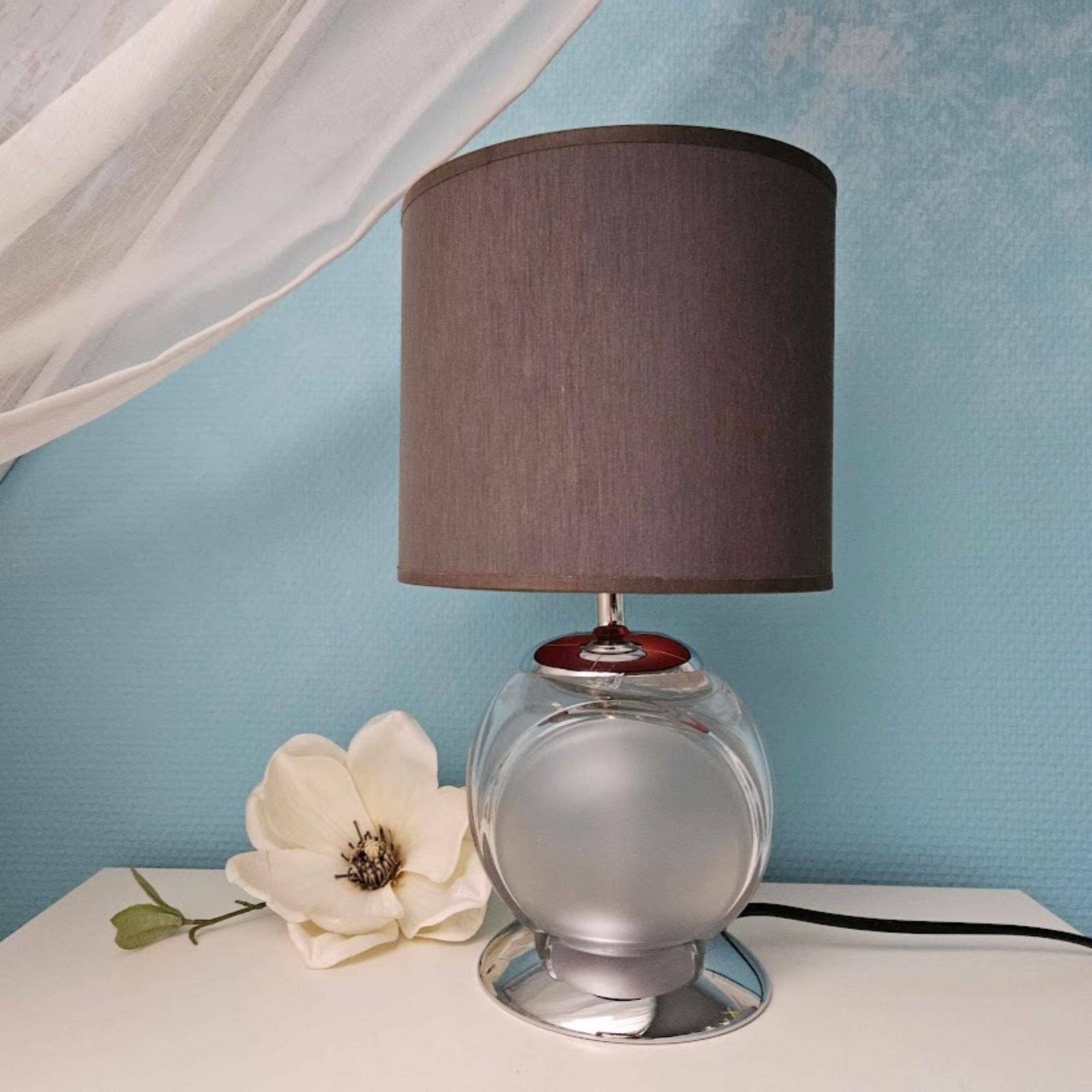 Glass Globe Table Lamp With Lampshade Black And Red, Mid Century Modern Lamp Made In Germany, Cord, Switch And Plug photo buy