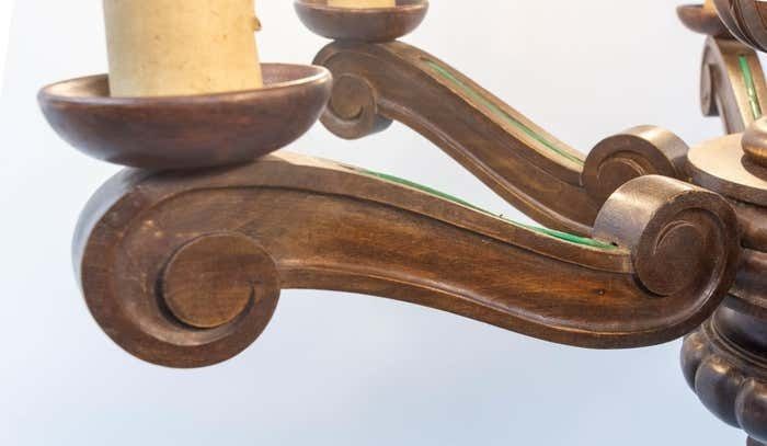 photo for sale Spanish Renaissance Style Oak Ceiling Lustre Six Lamps, Circa 1960