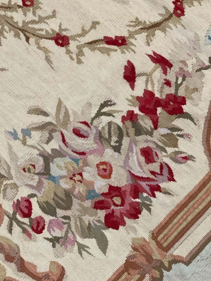 Square Aubusson Rug Brown Blue Handwoven Carpet Floral Livingroom Rug Home Decor photo 3600.0