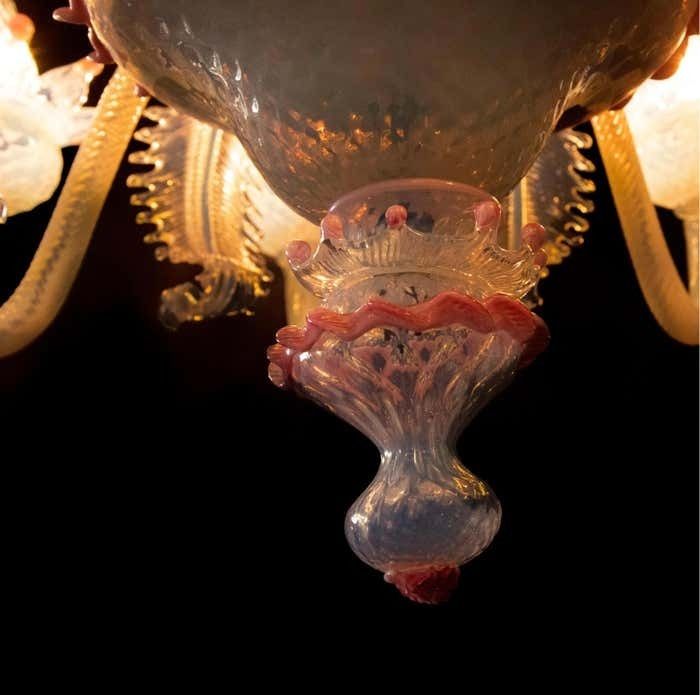 photo buy Stunning Trio Light Blue And Pink Venetian Chandeliers, Murano, 1950s