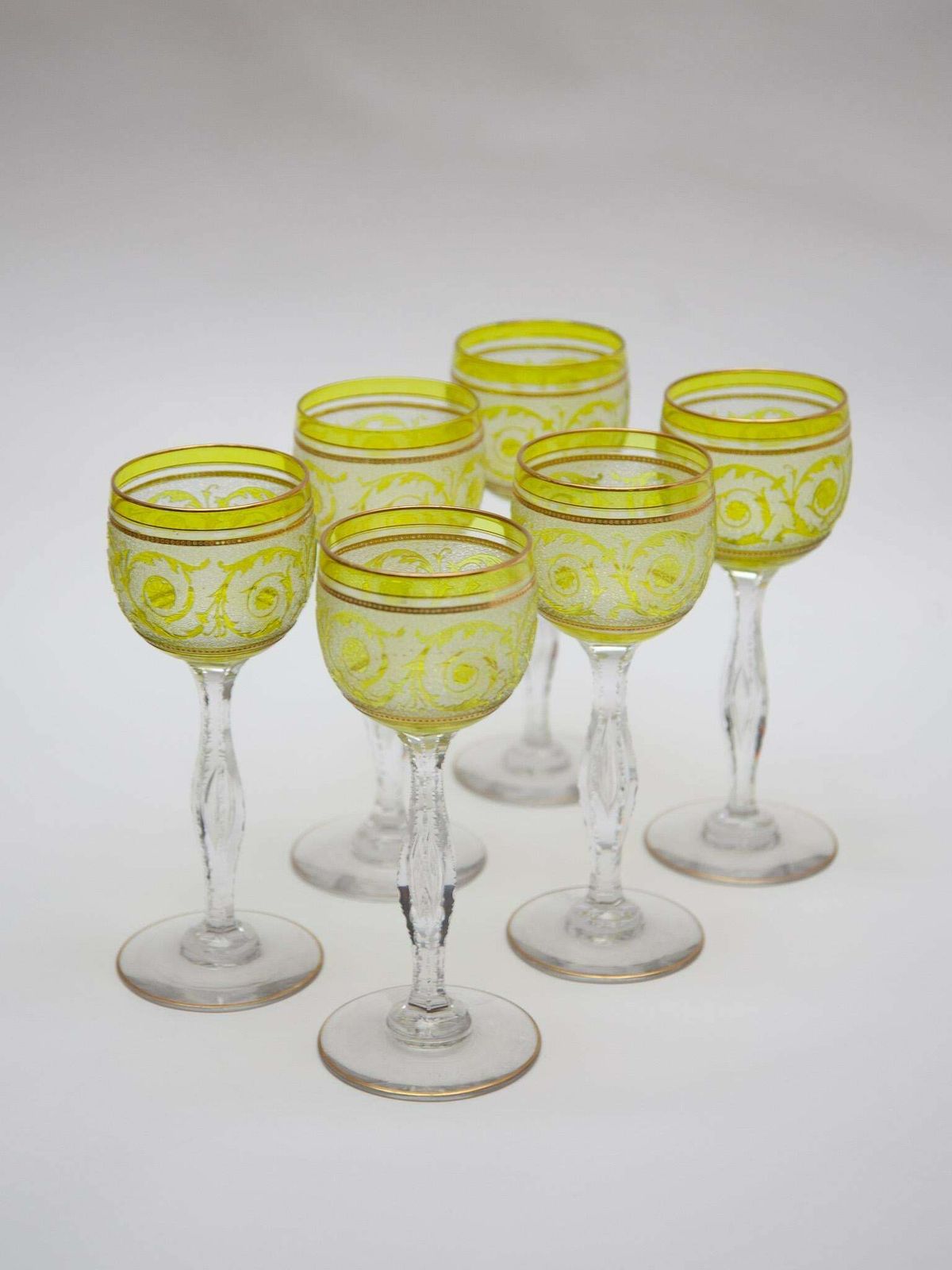 Set Of Six Saint Louis, Thistle Engraving Green Wine Glasses, 1910, France photo buy