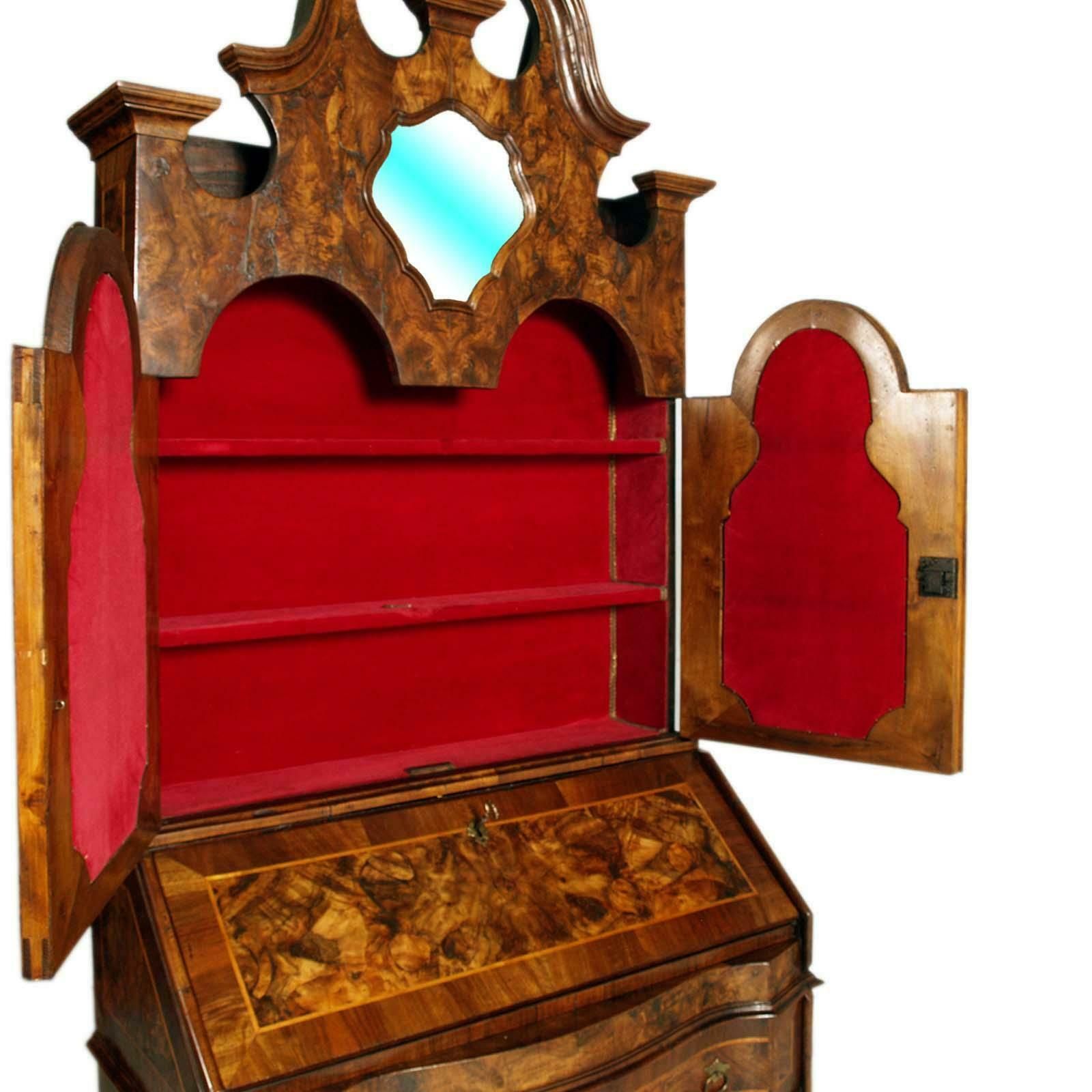 Original 18th Century Venetian Secretary Desk Bookcase Burled Walnut With Inlaid photo for sale