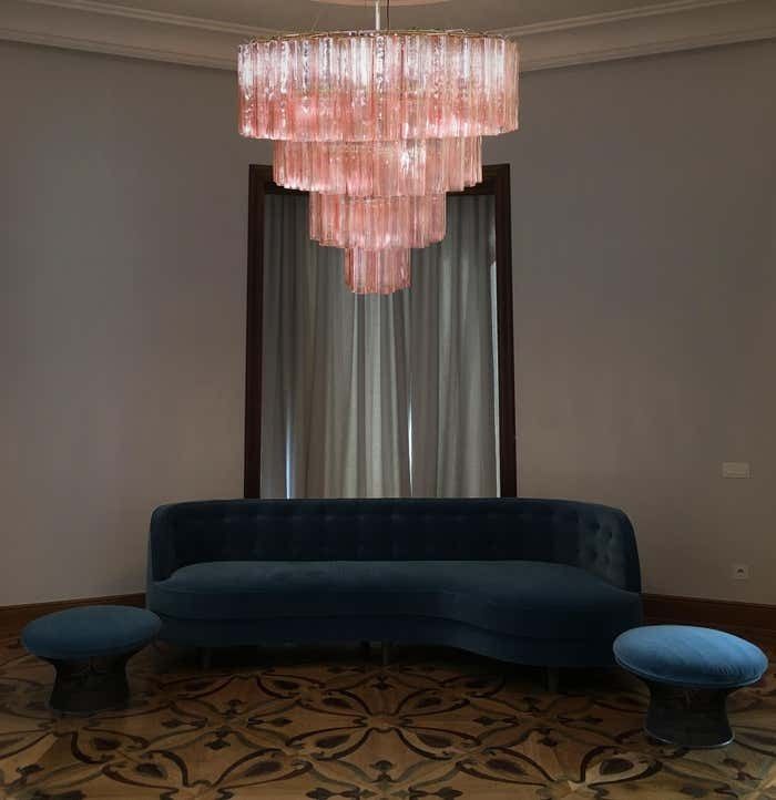 Pair Majestic Pink Murano Chandelier By Valentina Planta photo vinterior