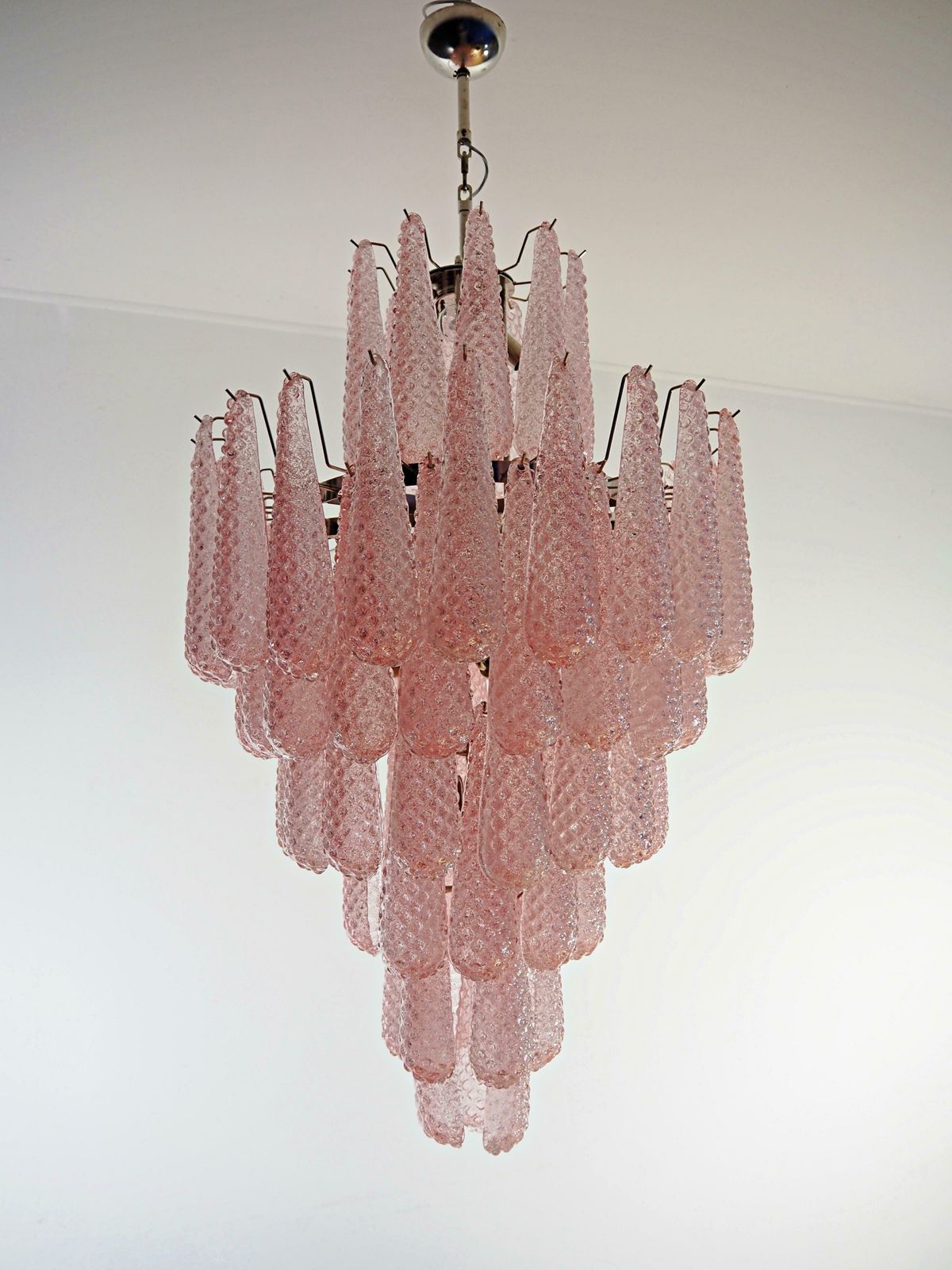 Pair Italian Pink And White Petal Chandeliers, Murano photo vinterior