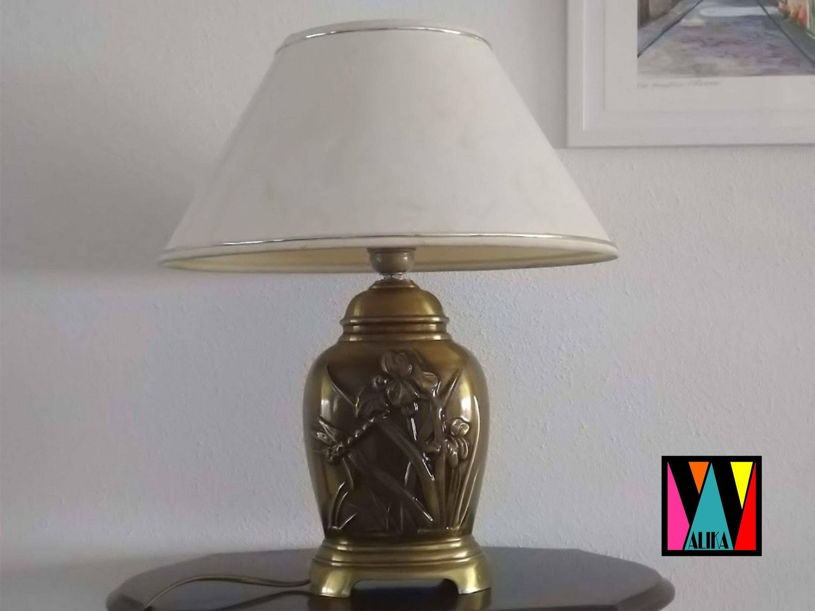 Elegant Vintage Brass Table Lamp With Irish Flowers With Cream Lampshade, Cord, Switch And Plug, Woman Office Decor, Iris Decor, Iris Gift