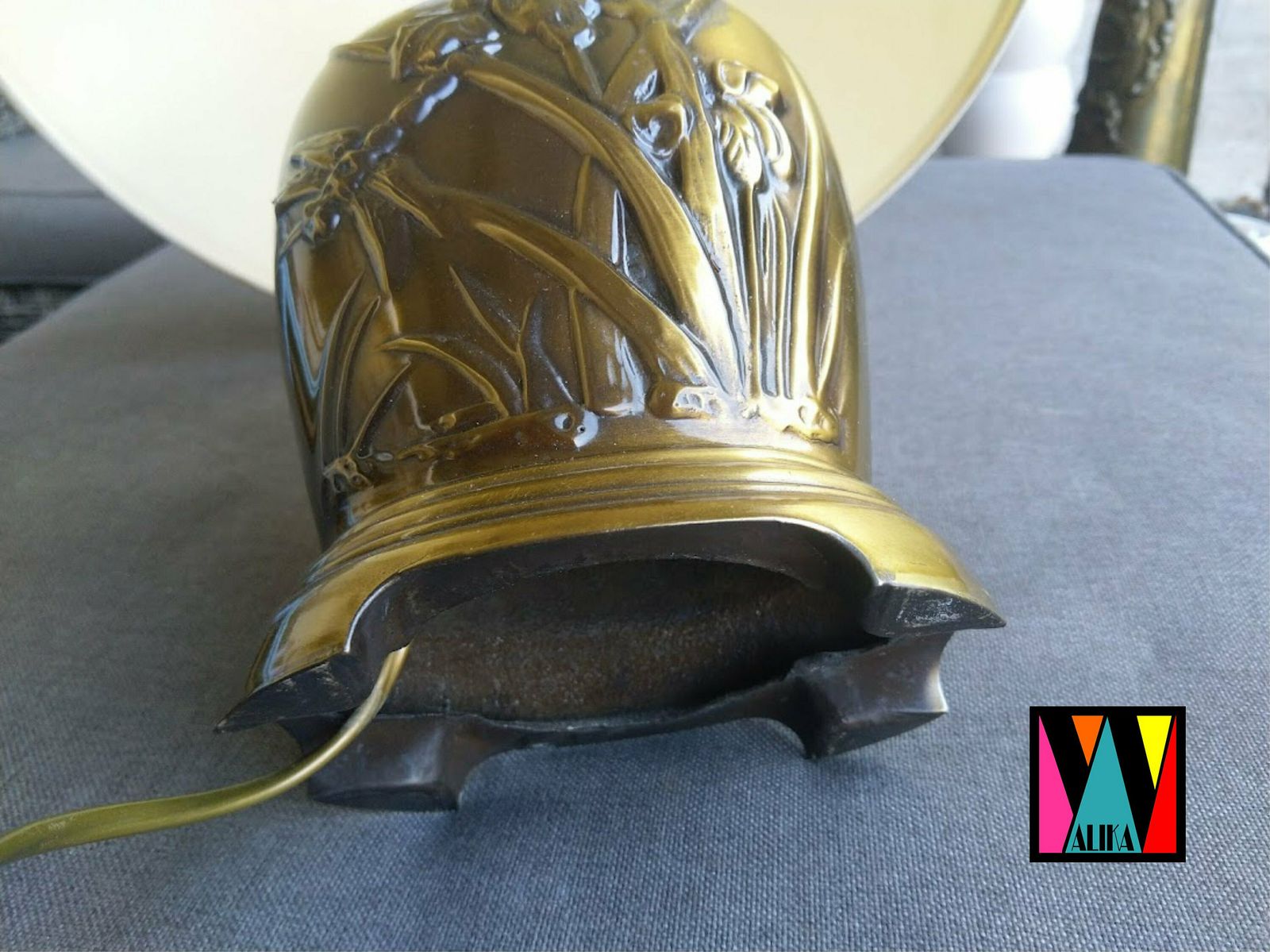 Elegant Vintage Brass Table Lamp With Irish Flowers With Cream Lampshade, Cord, Switch And Plug, Woman Office Decor, Iris Decor, Iris Gift photo vintage