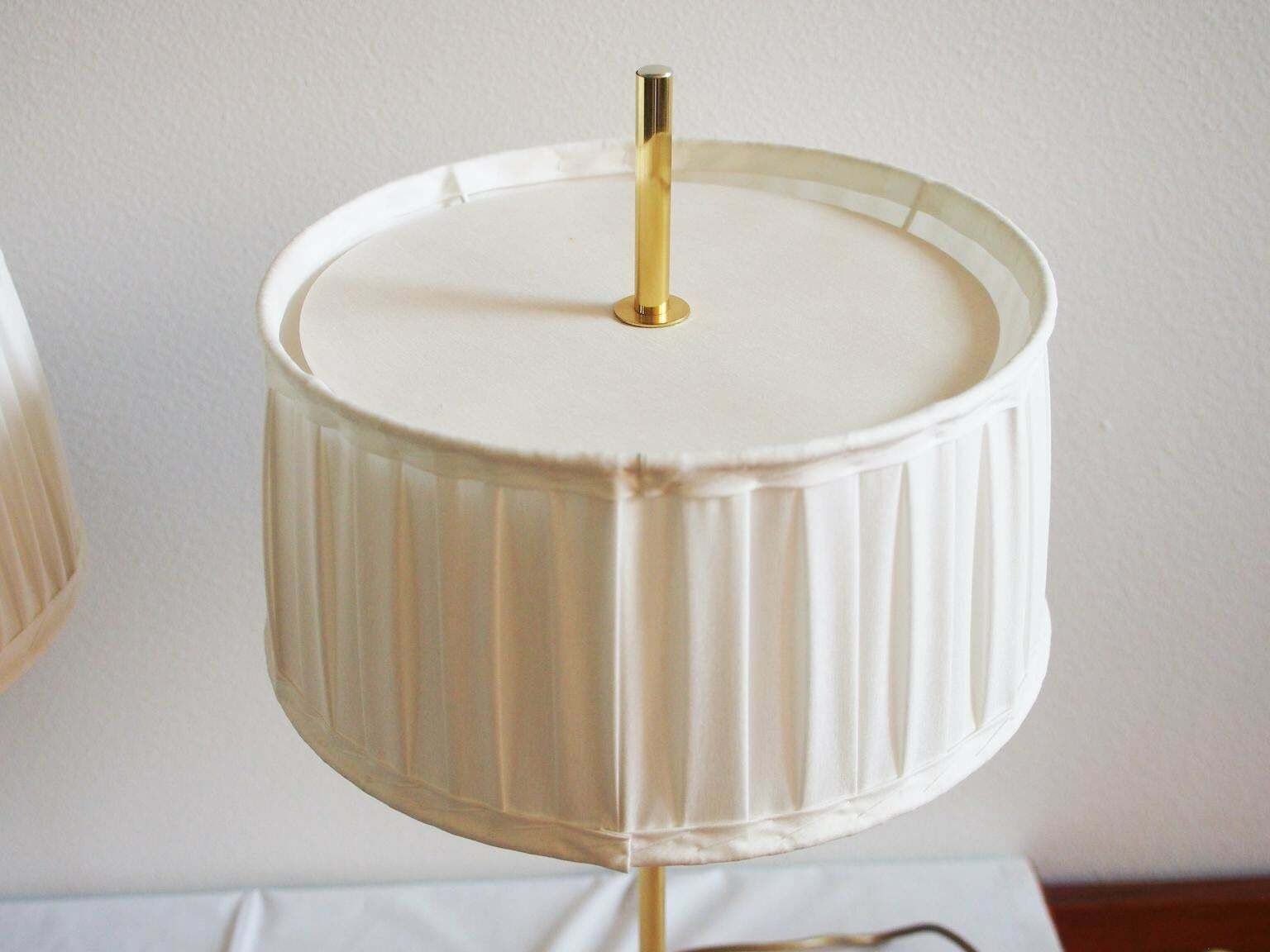 Pair Of Swedish Table Lamps Of Brass With Leather Detail And White Shade photo for sale