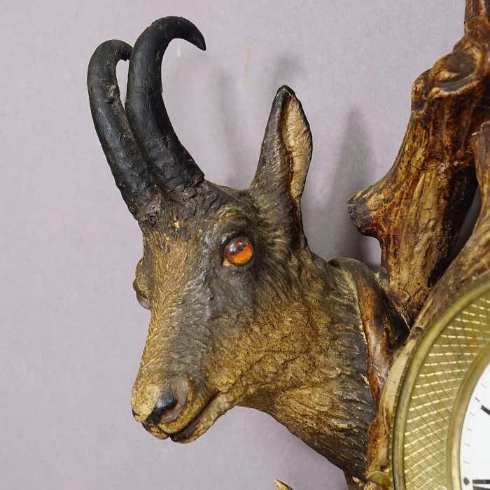 3613.0 Antique Cabin Antler Wall Clock With Deer And Chamois Austria Ca. 1900 photo