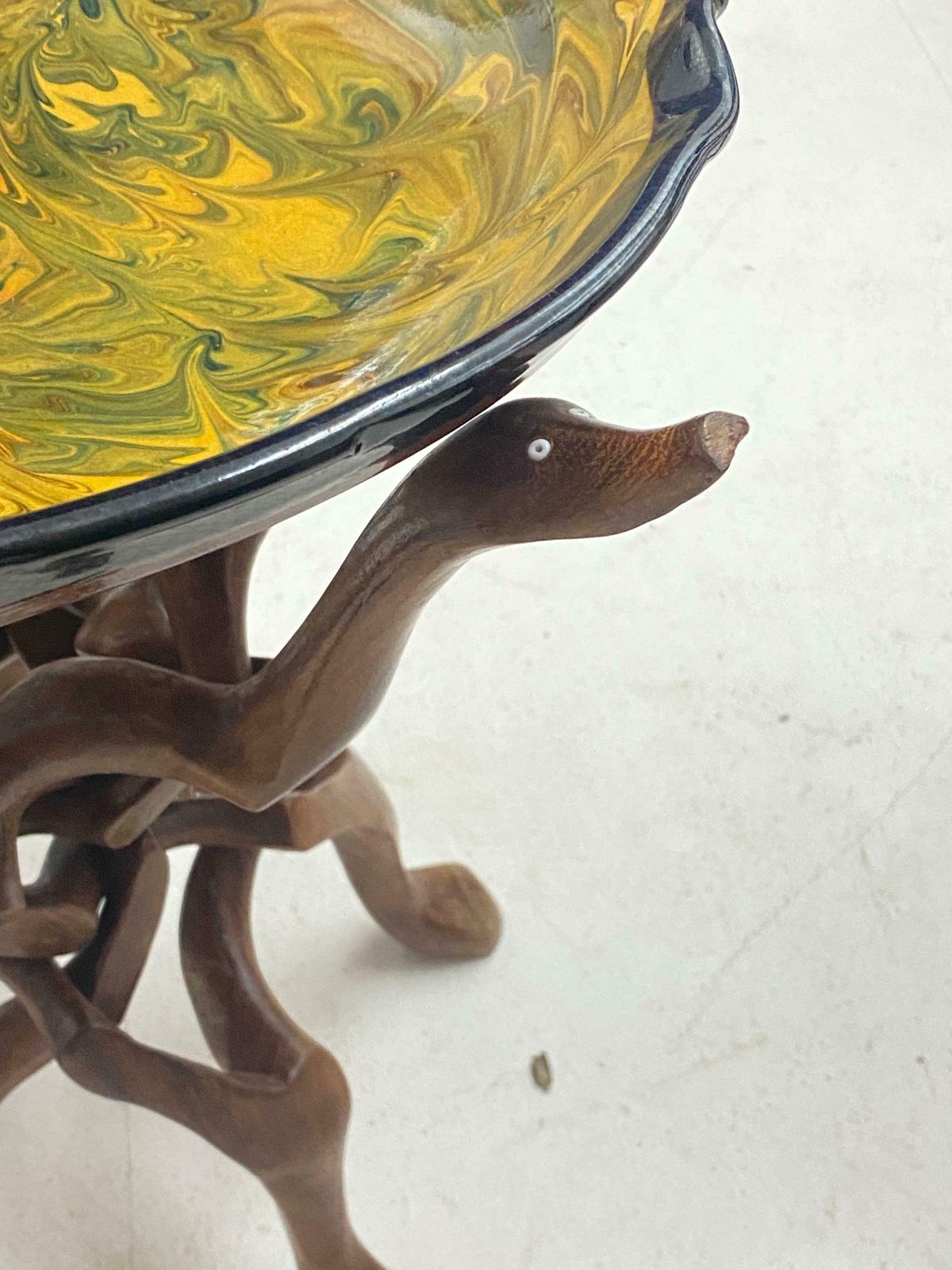 Large Ceramic Vide Poche On A Tripod Base In Wood Sculpted Birds Circa France photo for sale