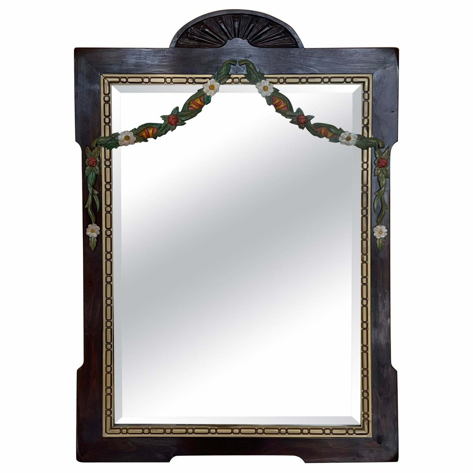 Early 20th French Wood Wall Mirror With Painted Garland Of Flowers