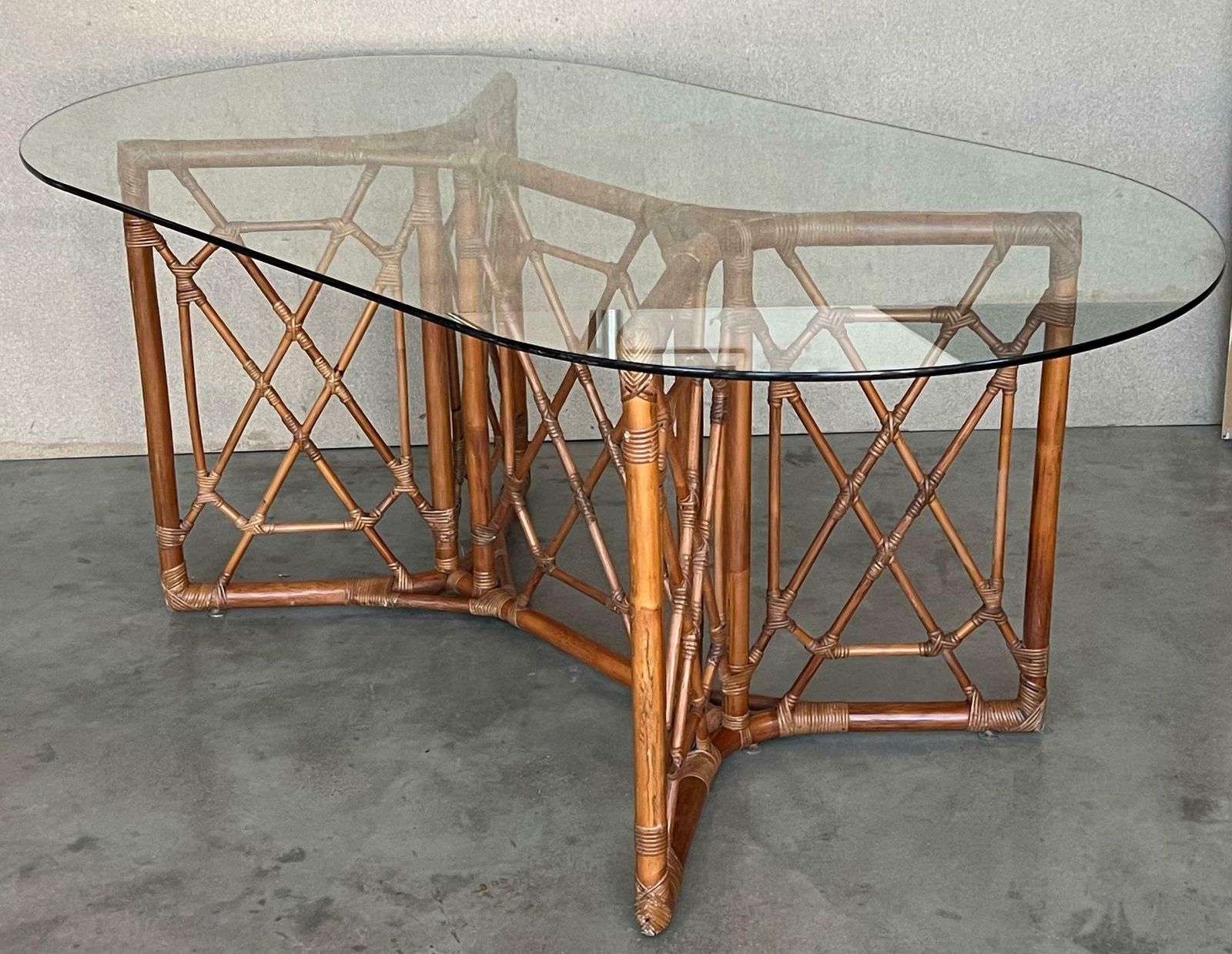 Chinese Chippendale Style Bamboo Dining Table With Oval Glass Top photo vinterior