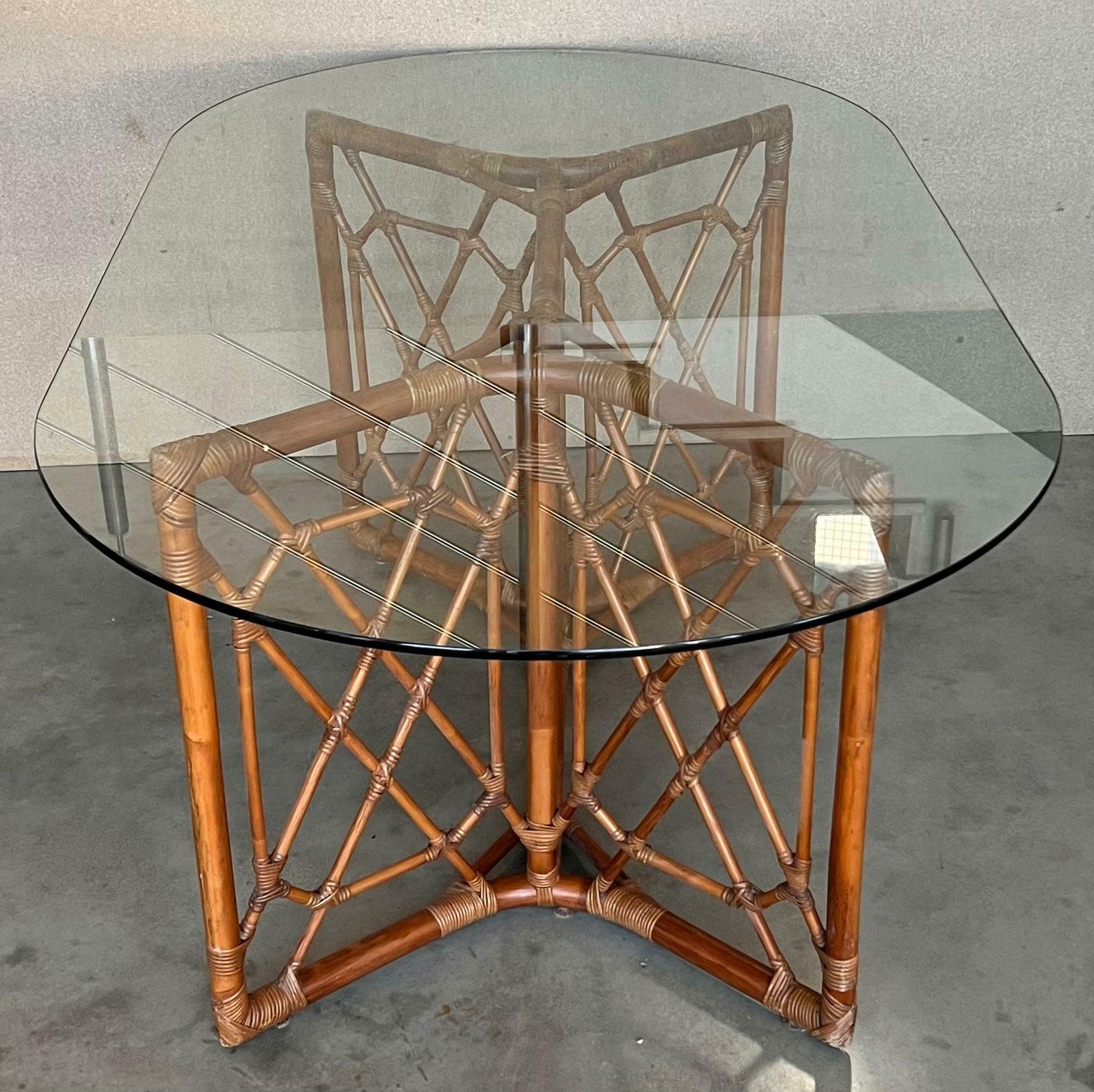 Chinese Chippendale Style Bamboo Dining Table With Oval Glass Top photo vintage