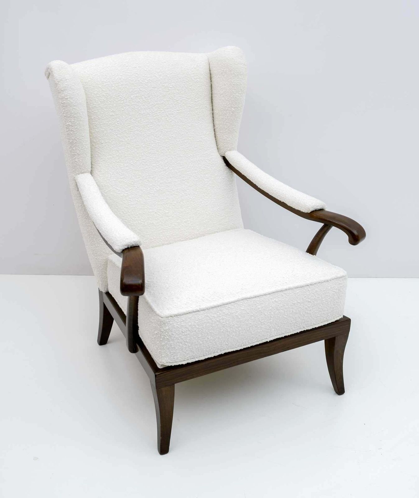 Paolo Buffa Mid Century Modern Italian Walnut And Coating Boucle Armchair, 1950s photo vintage