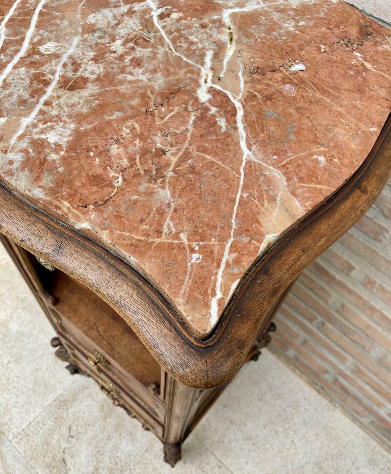 photo furniture Vintage Louis XVI Style Spanish Nightstands In Wood And Red Marble, 1920s, Set O