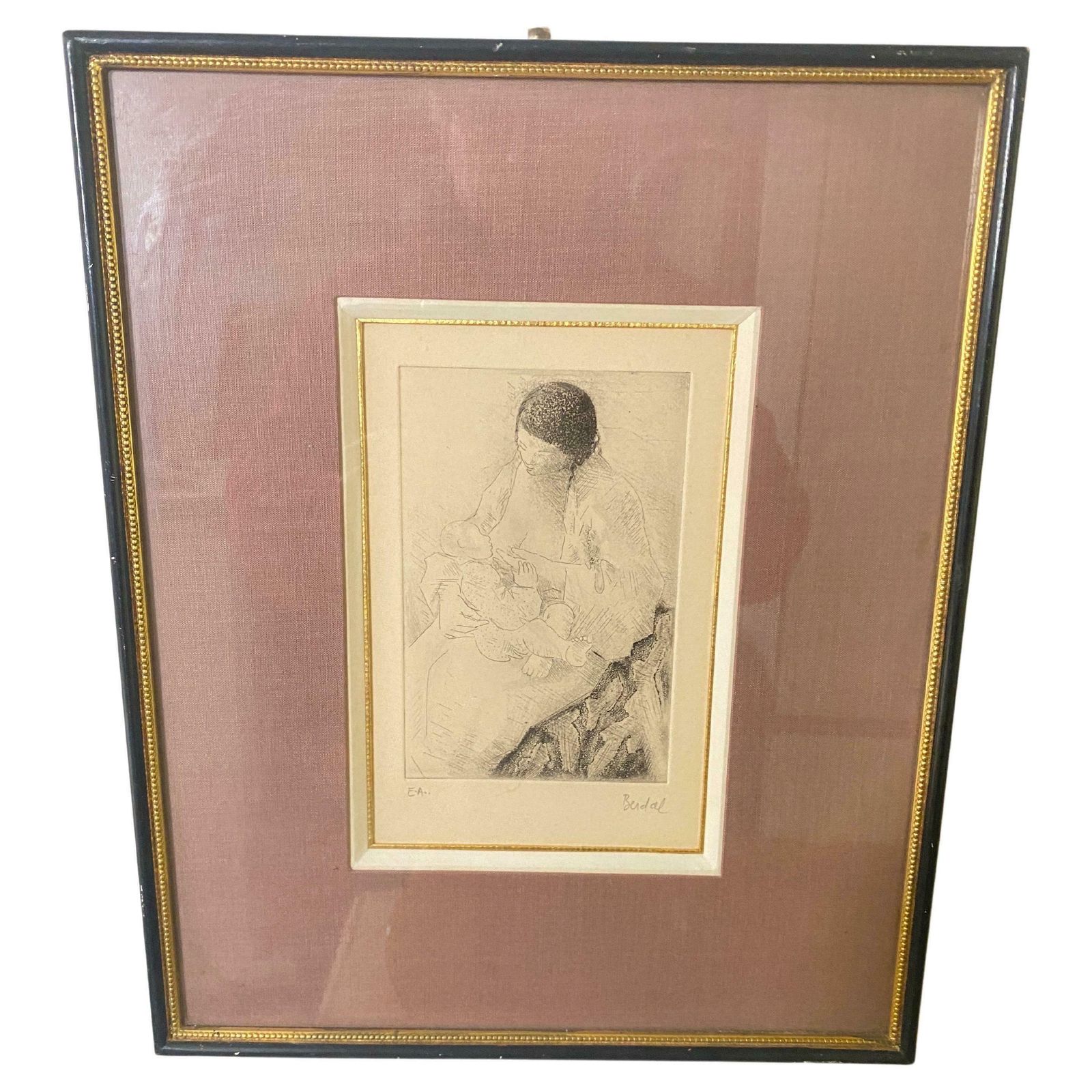Engraving By Alex Berdal Signed France 20th Century A Women With A Child