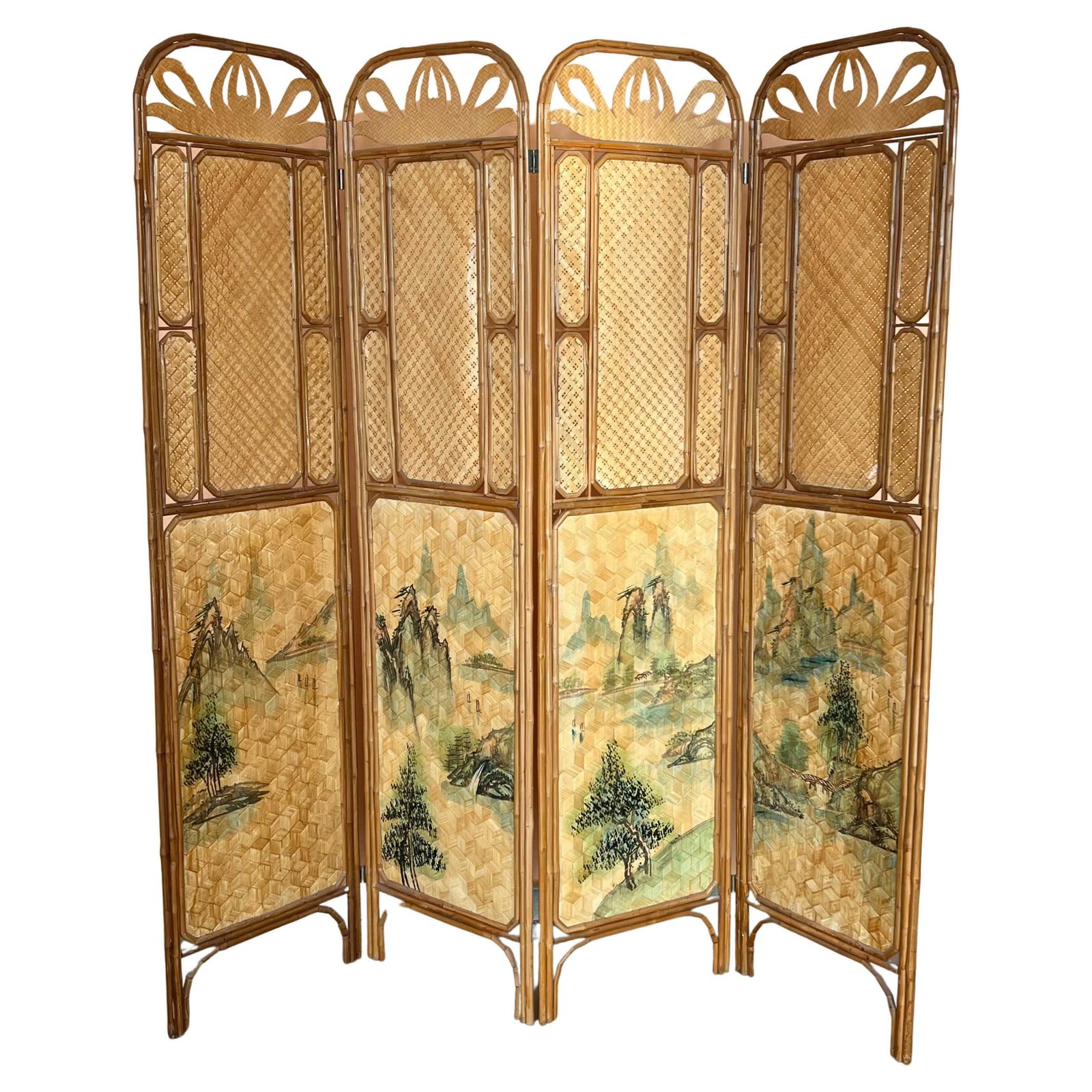 Sculptural Three Panel Folding Screen Room Divider In Rattan And Wicker, 1960s