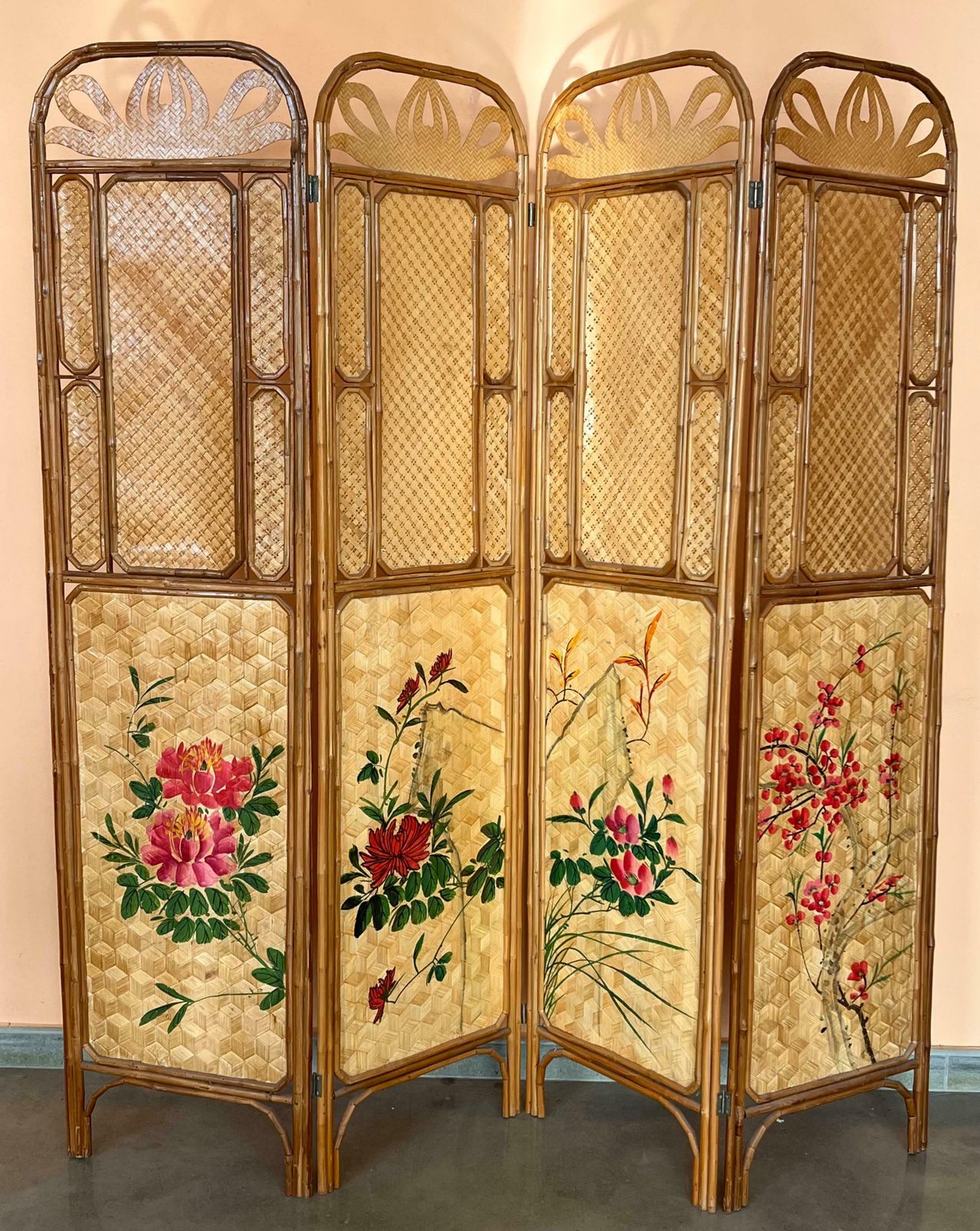 Sculptural Three Panel Folding Screen Room Divider In Rattan And Wicker, 1960s photo Home Decor