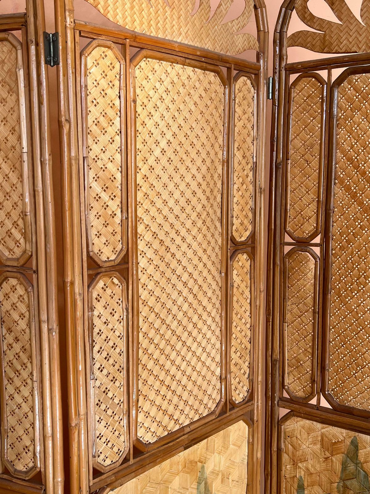 photo furniture Sculptural Three Panel Folding Screen Room Divider In Rattan And Wicker, 1960s