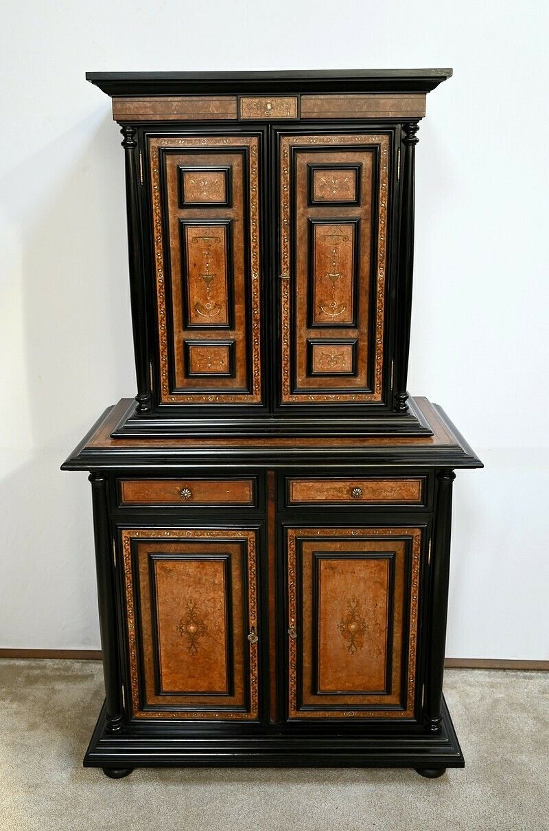Small Two Body Buffet In Blackened Wood And Thuya Burl, Stamped Gordóvil, Renaissance Taste, Spain   Early 20th Century