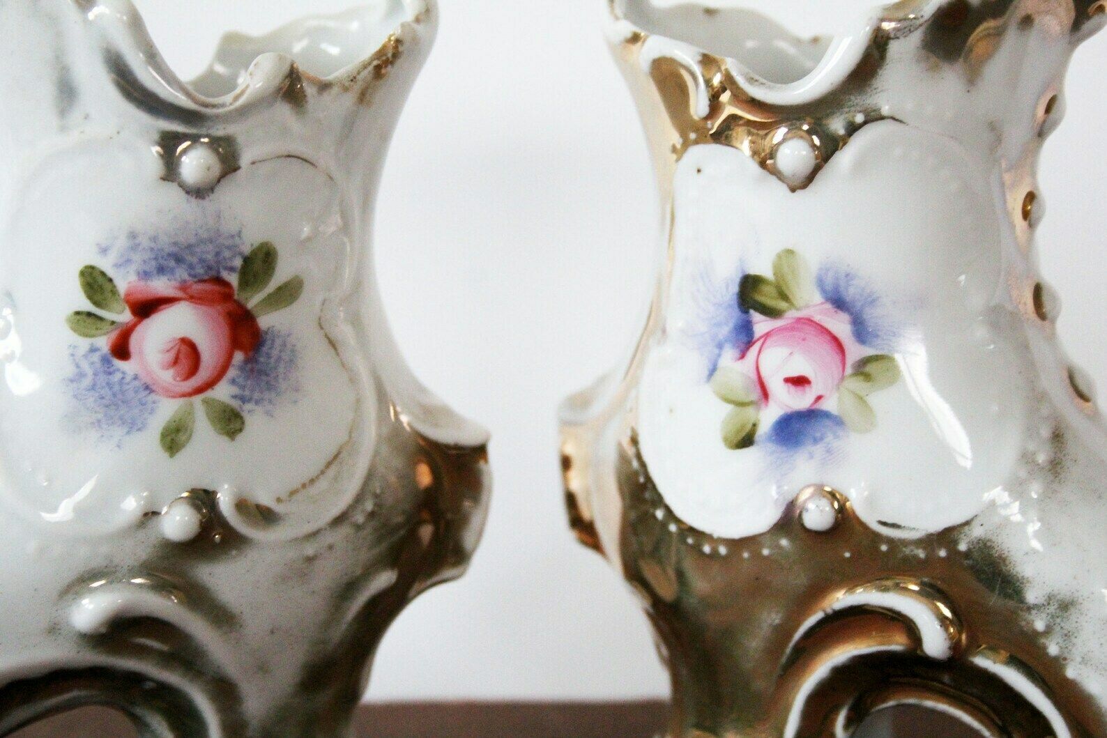 2 Antique Miniature Porcelain Shoe Figurine, Hight Heeled Boots, Shoe Trinket Bowl, Gold Decoration, Circa 1910s, Hand Painted Roses photo furniture