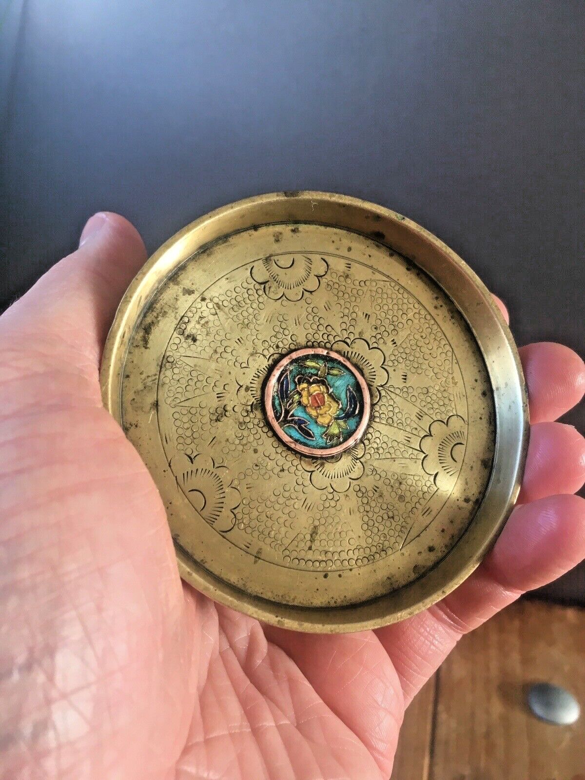 Unusual Antique Chinese Brass Floral Cloisonne Enamelled Centre Trinket Pin Dish