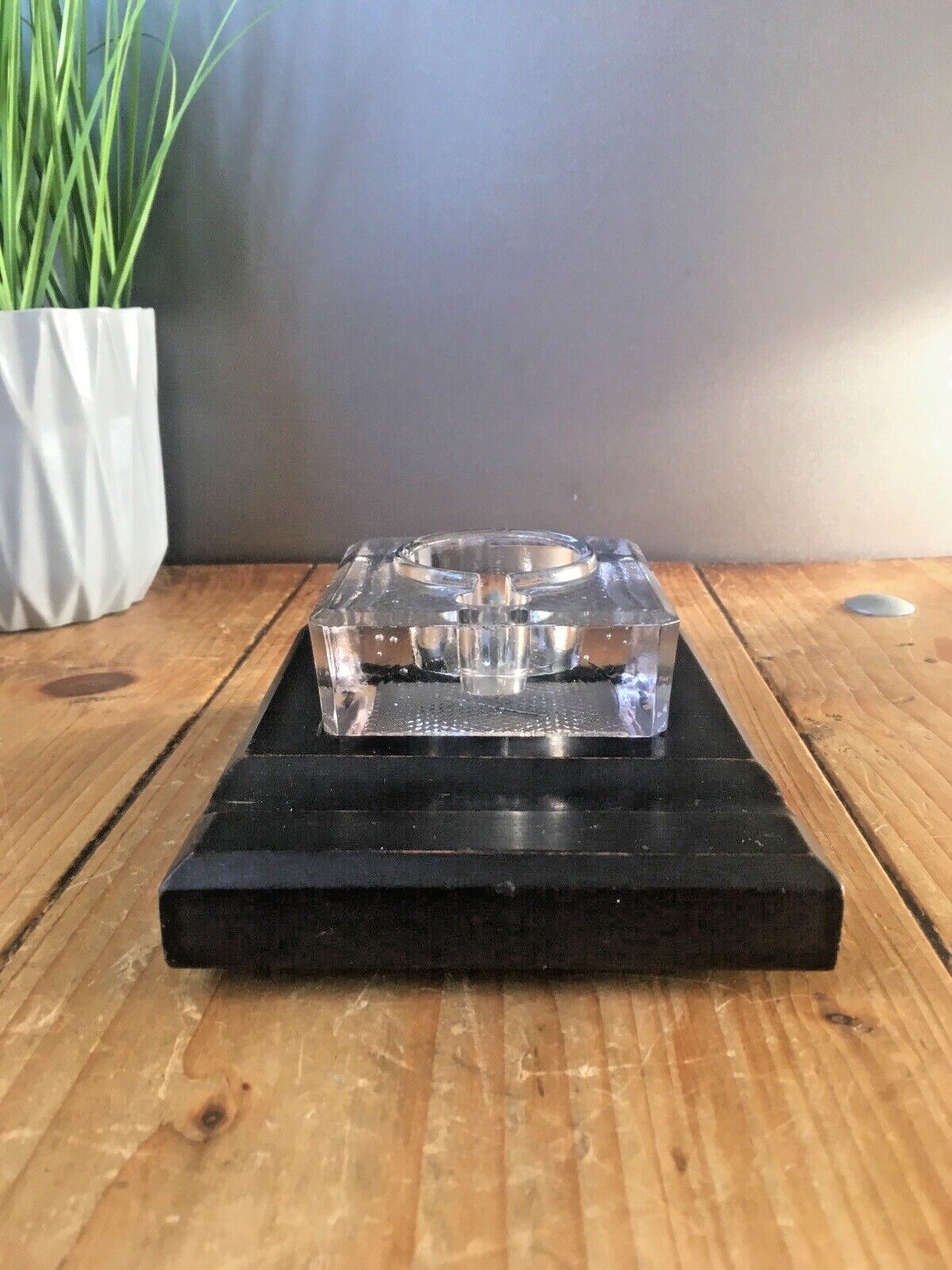 Antique Art Deco Glass Inkwell On Wooden Stand Office Desk Accessory Prop Velos photo furniture