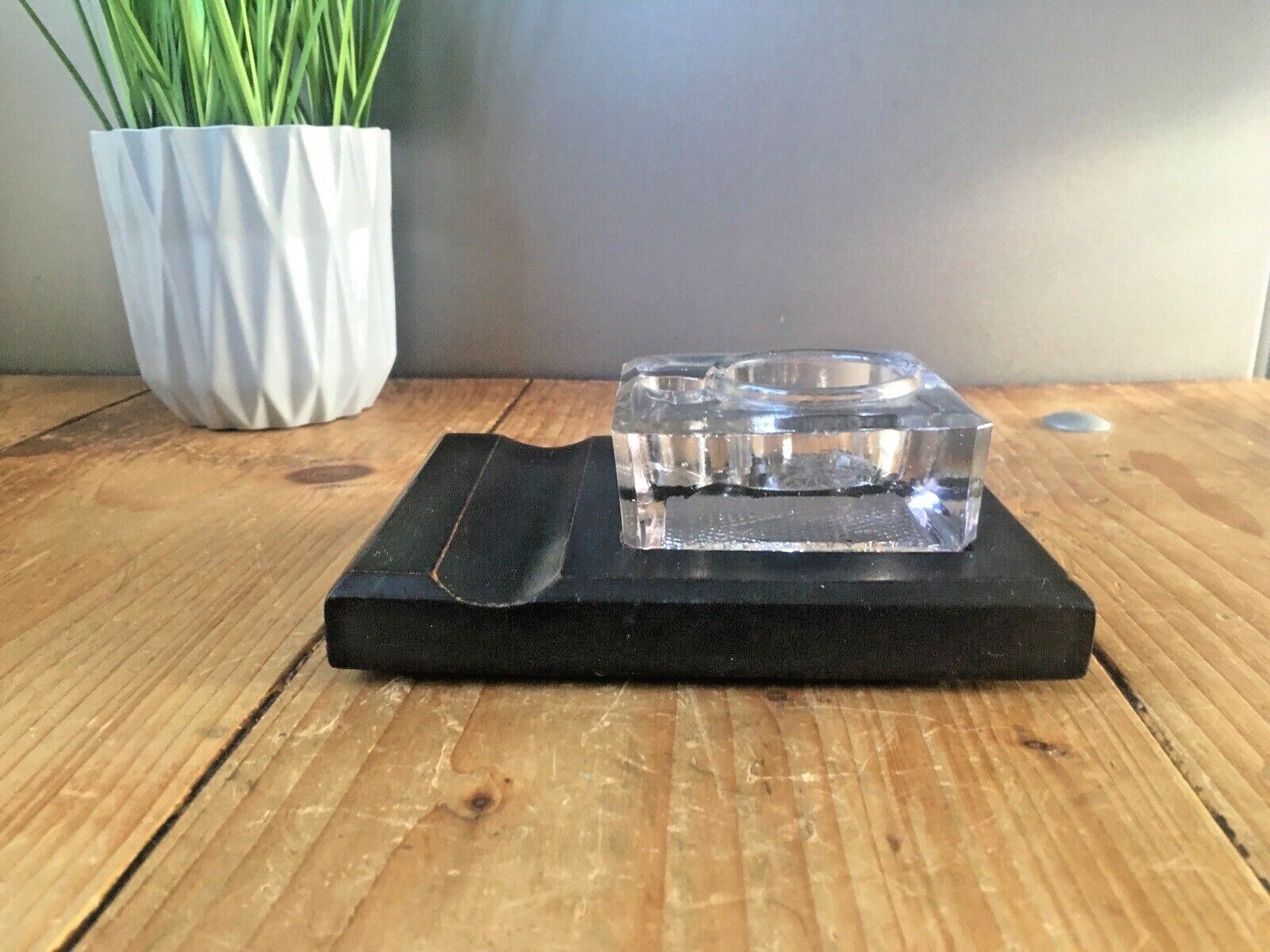 Antique Art Deco Glass Inkwell On Wooden Stand Office Desk Accessory Prop Velos photo 50.0