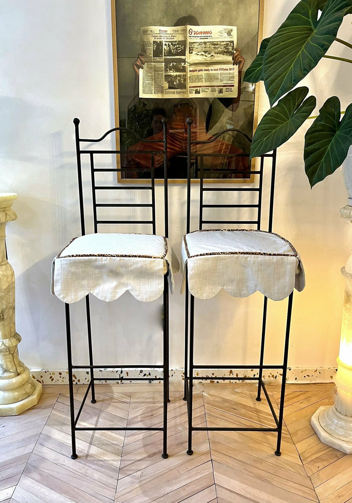 Pair Of Cast Iron Tall Stools With Scalloped Cushions