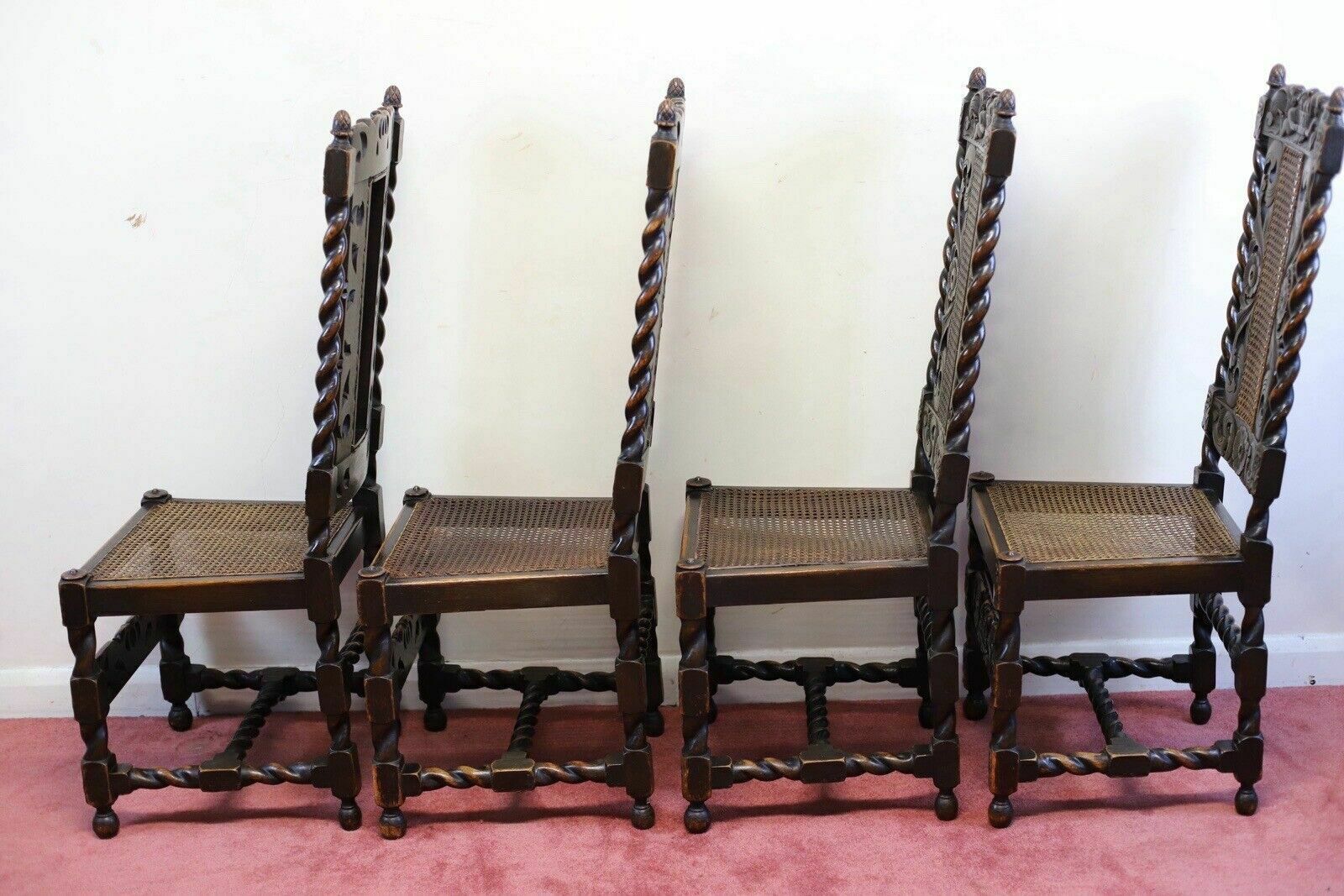 Lovely Set Of Six Victorian Carved Oak Carolean Style Dining Chairs photo vinterior