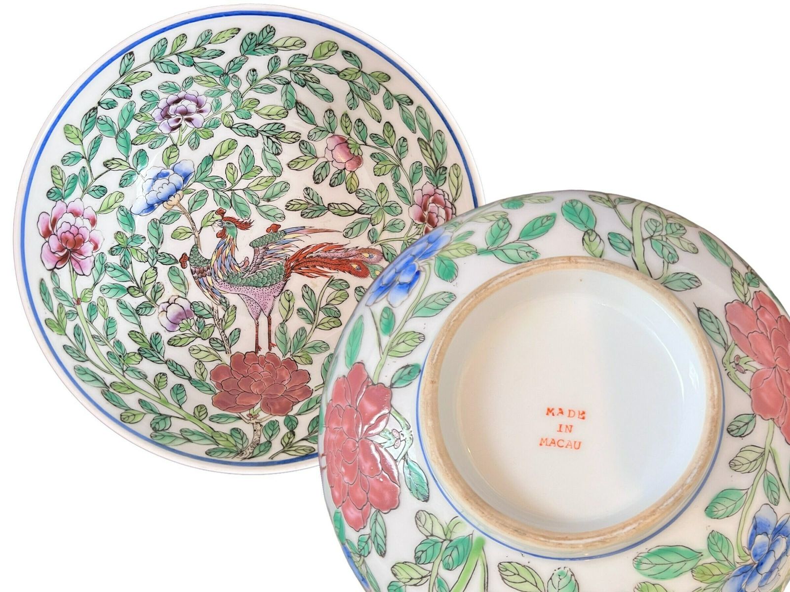 Made In Macau Vintage Chinese Porcelain Famille Rose Bowl, Medallion Center Table Punch Bowl Measures 8.5 Inches In Diameter