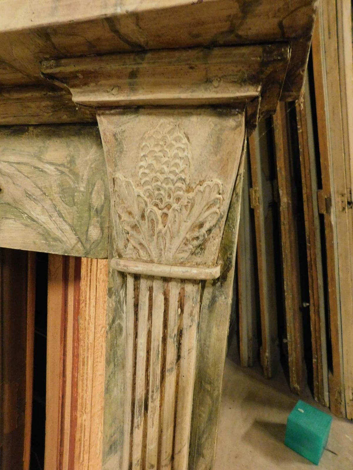 Vintage Mantel Fireplace, In Faux Marble Lacquered And Carved Wood, Italy photo vintage