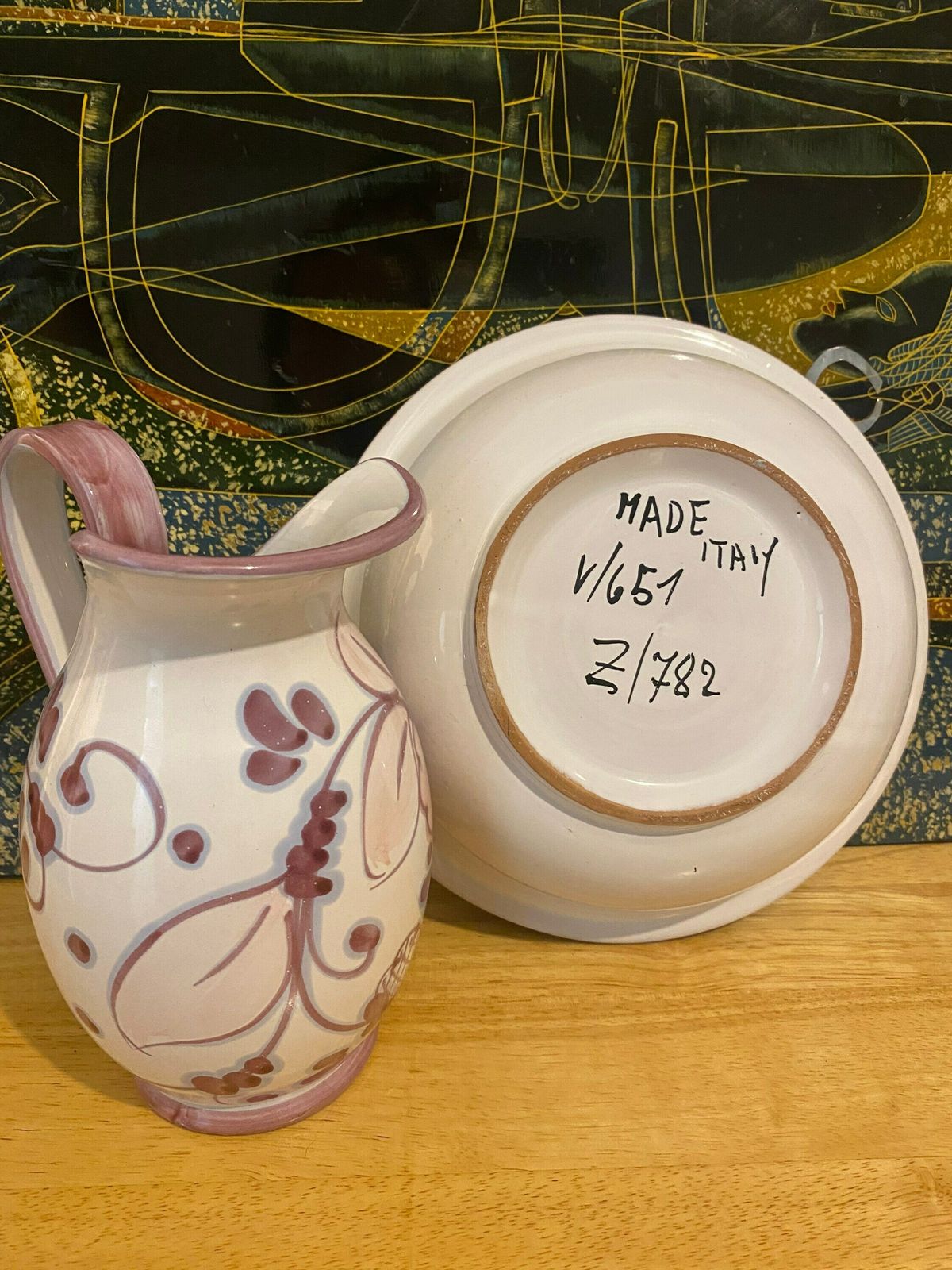 Italian Majolica Tin Glazed Pitcher And Bowl, Vintage Ewer & Basin Made In Italy, Italian Majolica Ceramic Chamber, Mid Century Modern Jug photo buy