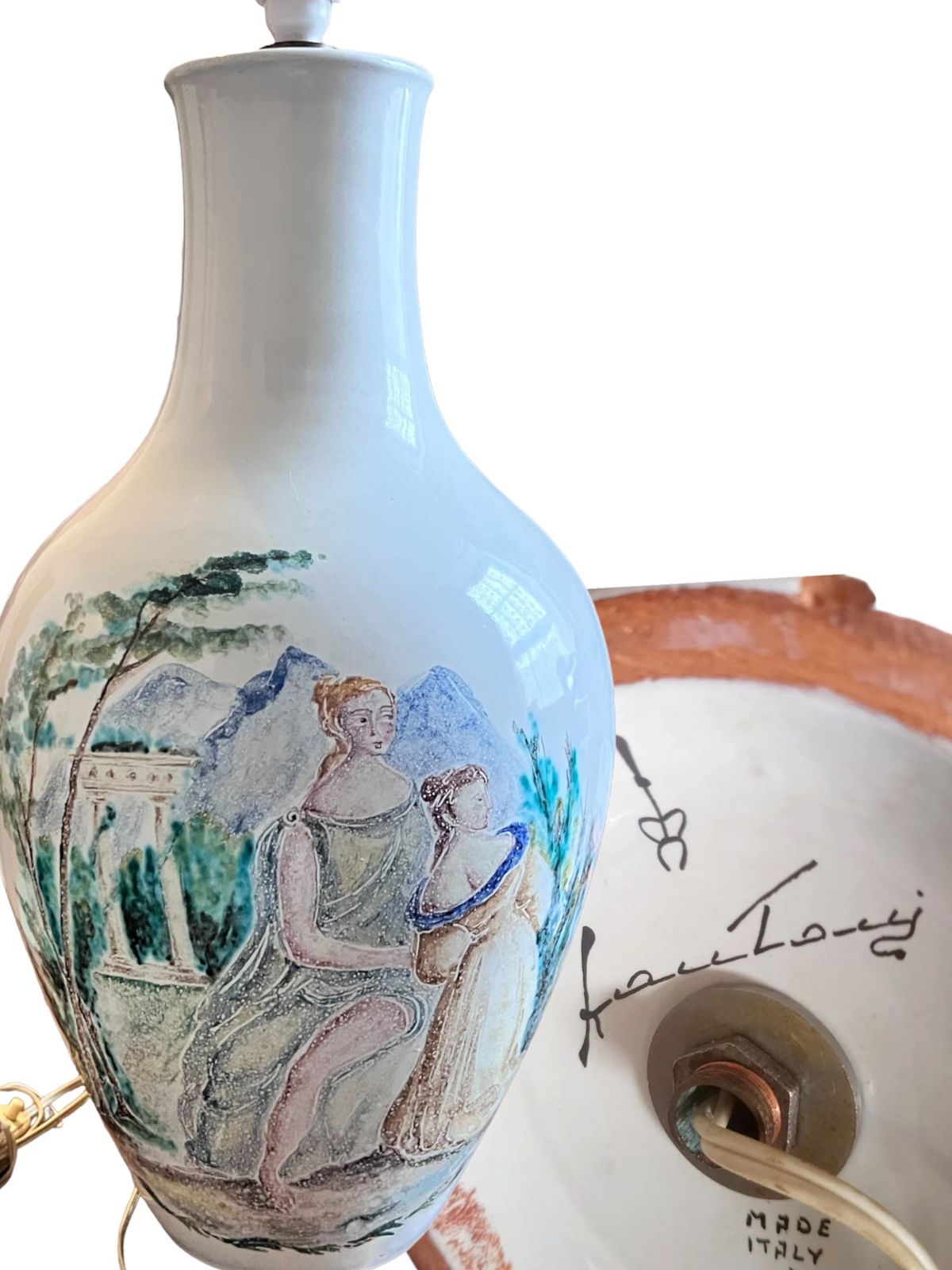 Rare Find Marcello Fantoni Lampbase, Italy, Circa 1958.Large Fantoni Ceramic Hand Painted Table Side Lamp