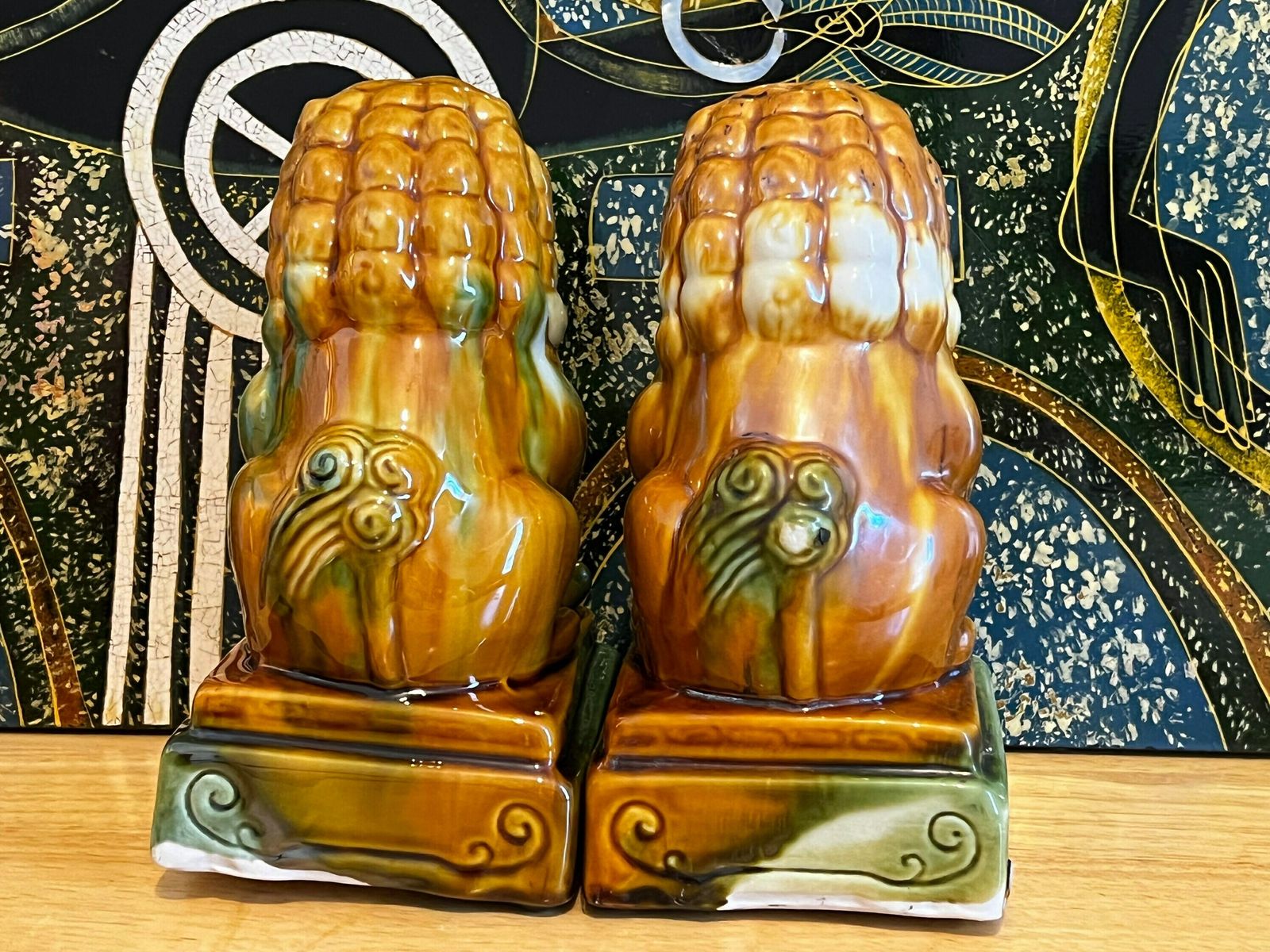 Chinese Majolica Famille Verte Foo Dogs On Stands , Majolica Orange Foo Dogs, Chinese Foo Dog Statues Figurine, Asian Home Decor photo 115.0