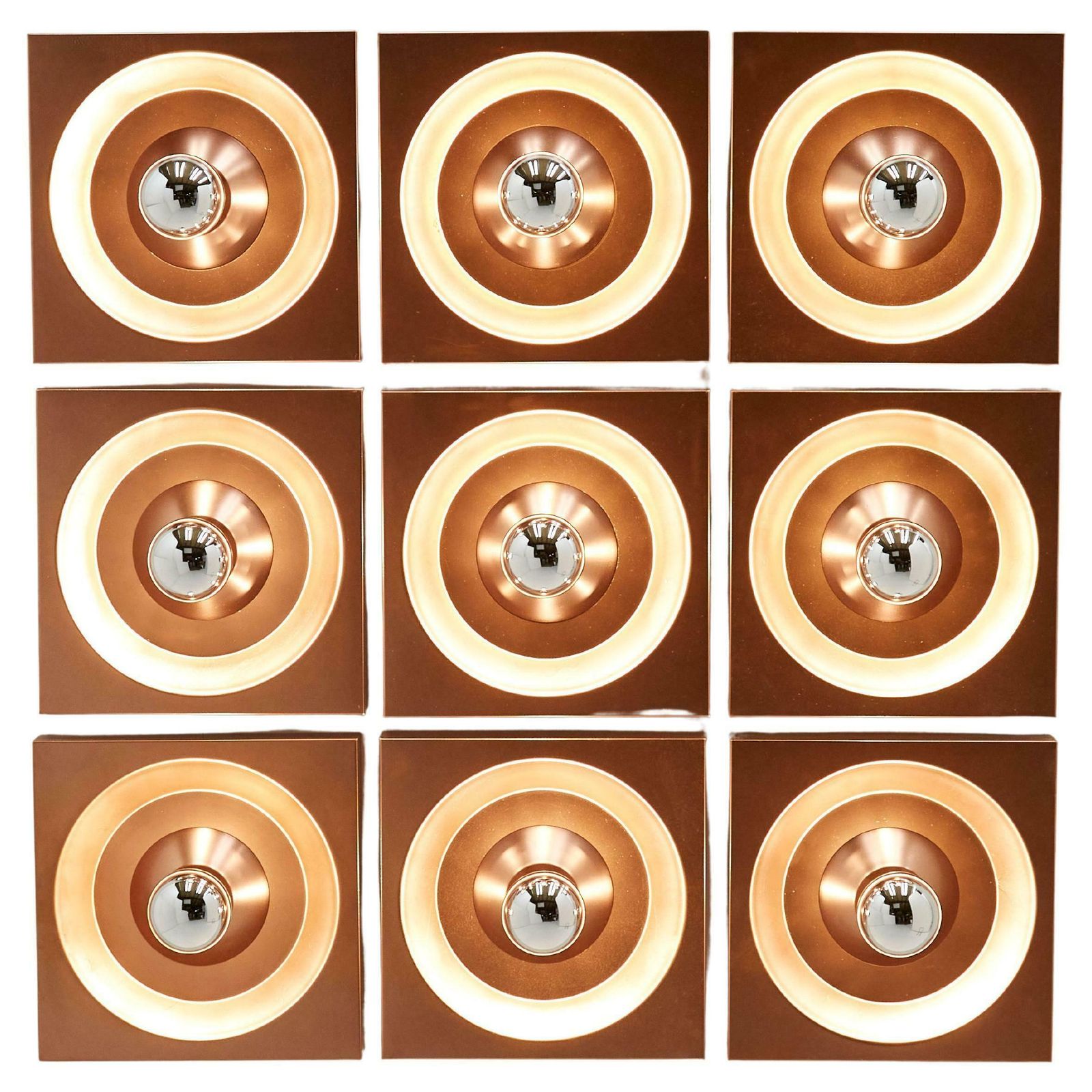 Ensemble de neuf appliques murales en cuivre Klaus Hempel pour Kaiser Leuchten, 1970