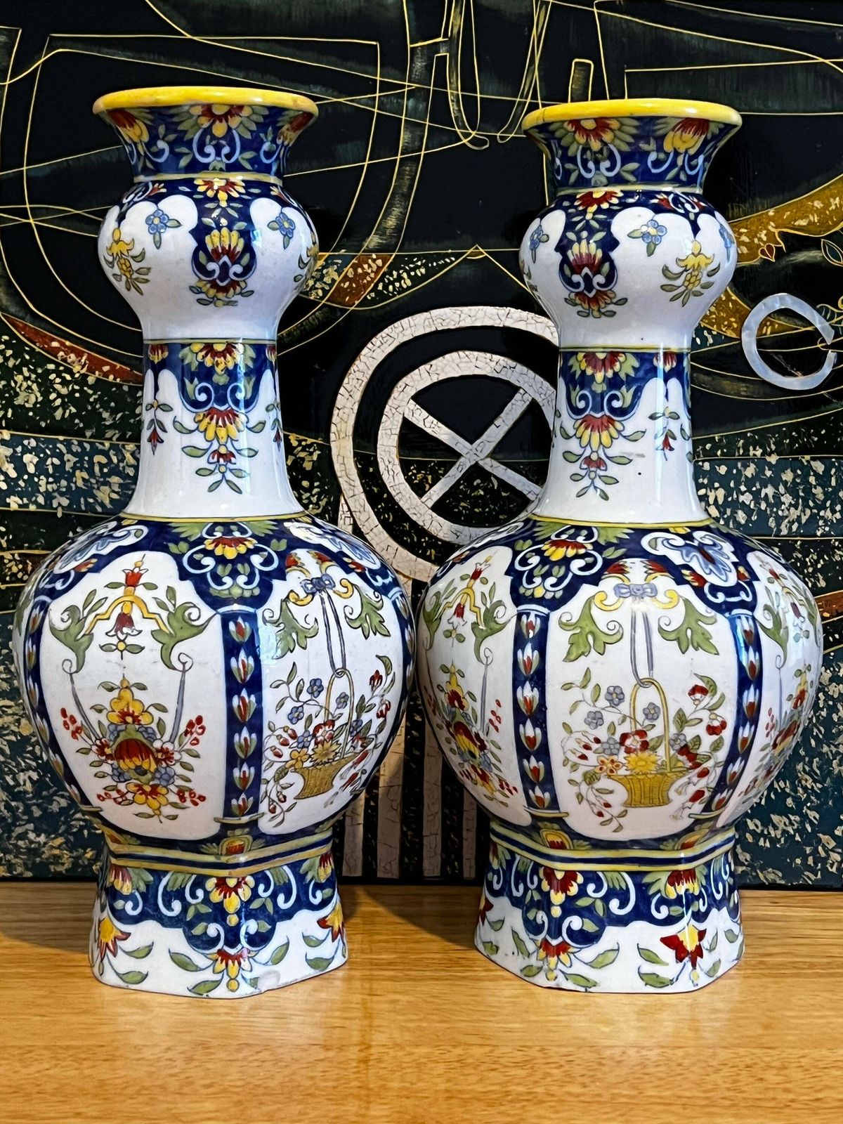 19th Century Polychrome Delft Vases, Earthenware / Porcelain Garlic Neck Double Vases, Delftware Porcelain Twin Vases