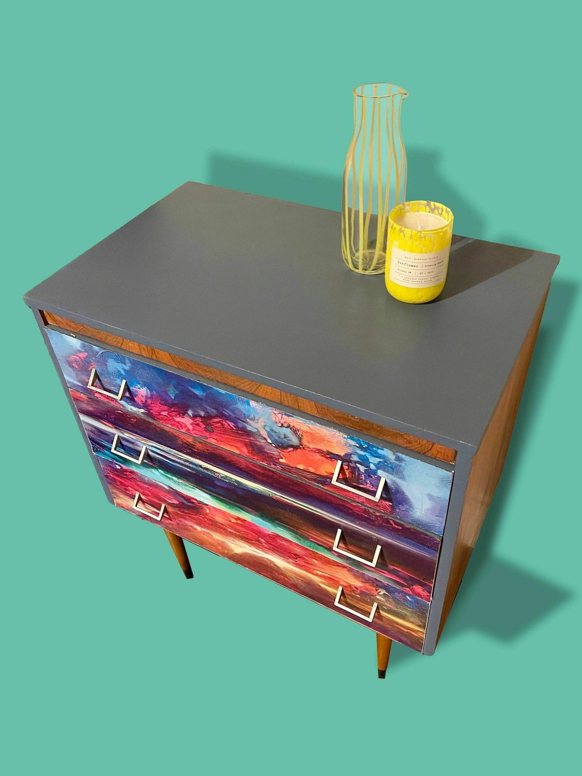 1950s Chest Of Drawers With Neon Bright Abstract Digital Print Decoupage Front photo furniture