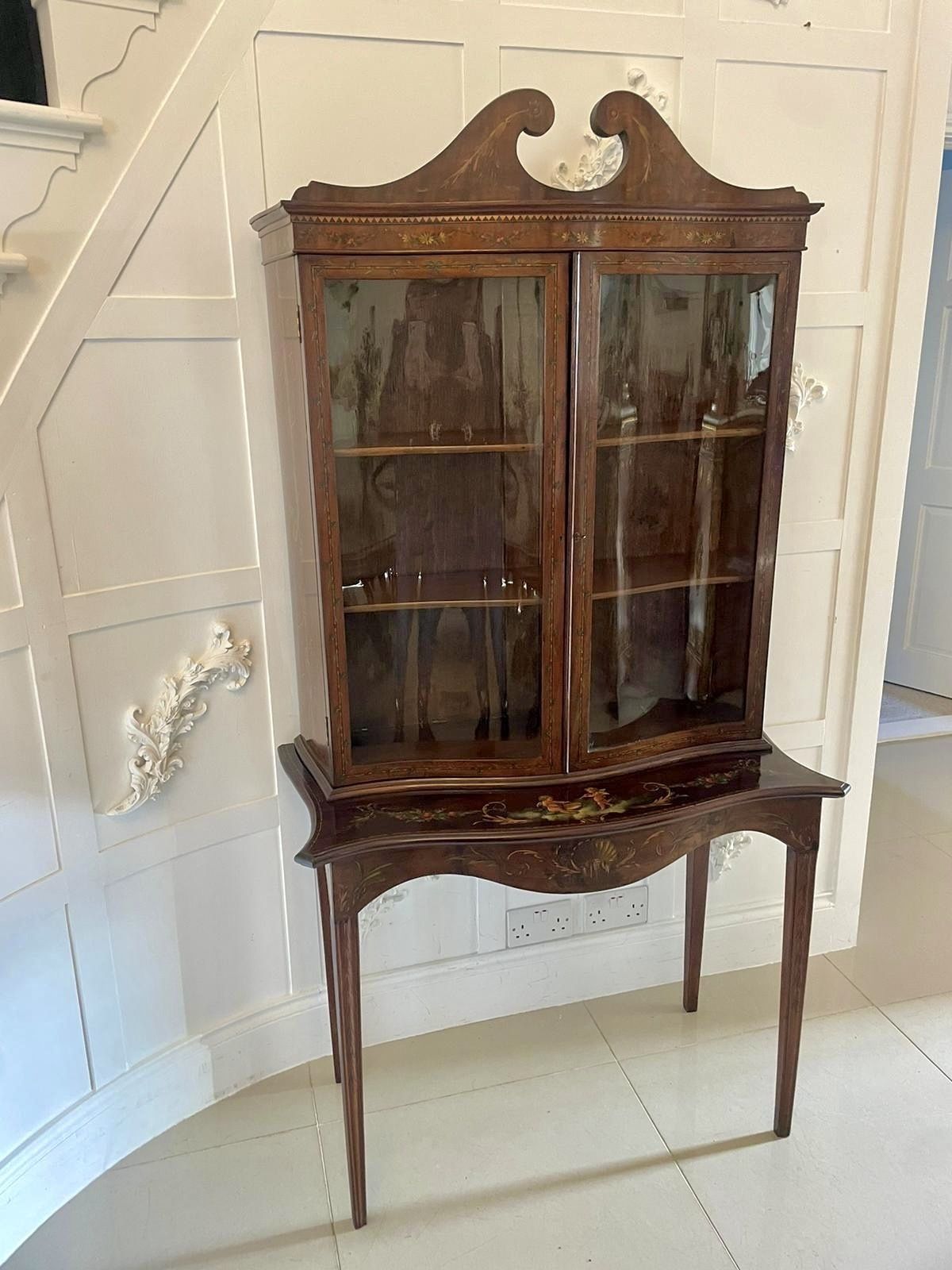Antique 19th Century Quality Mahogany Display Cabinet With Original Painted Decoration