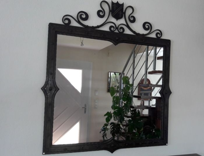 Huge Wrought Iron Mirror And Console   Coat Of Arms And Lily Flowers Decorations photo for sale